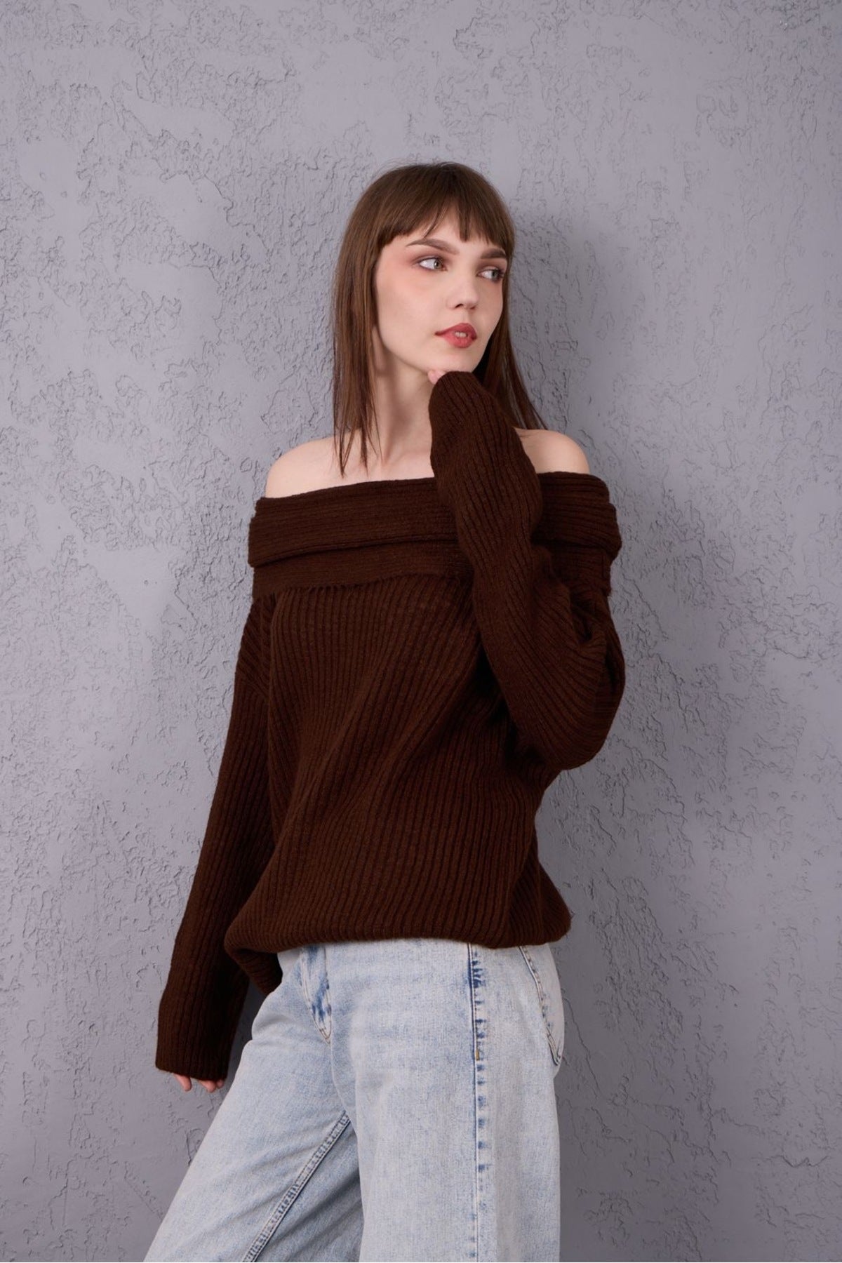 kadın yumoş kalın yumuşak Madonna yaka şık triko uzun kol kazak 3465