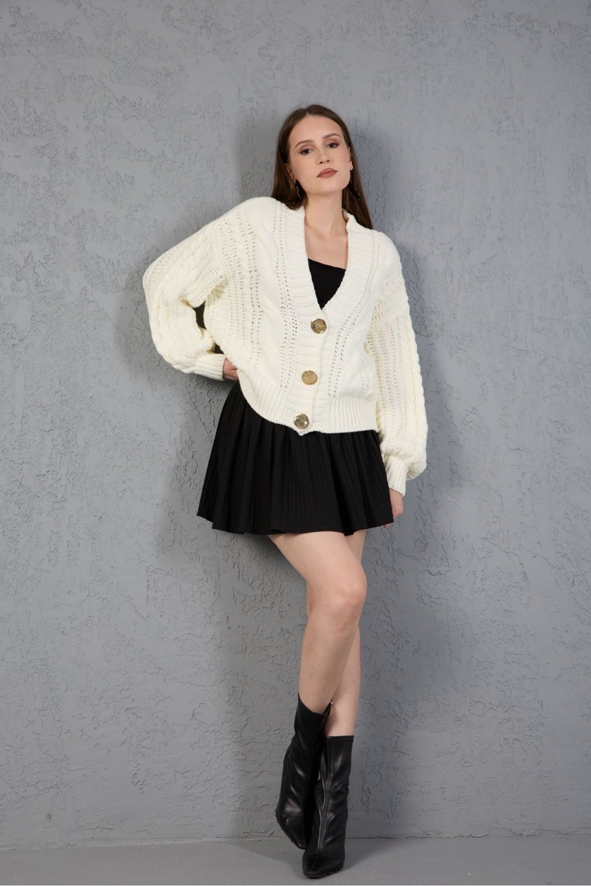 Kadın Triko Hırka Kazak V Yaka Düğmeli Kalın Yumuşak Şık Trend 3536