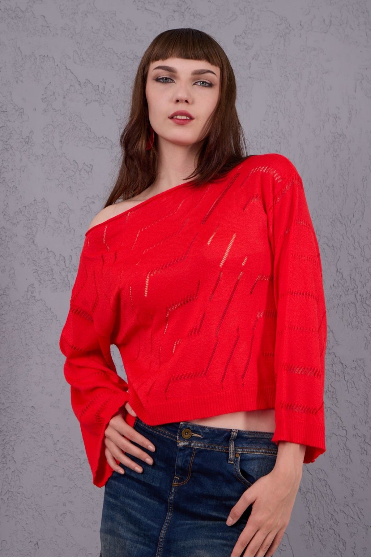 Kadın Triko Kazak Giyim Taşlı Kayık Yaka Tasarım Şık Yeni Yıl 3535