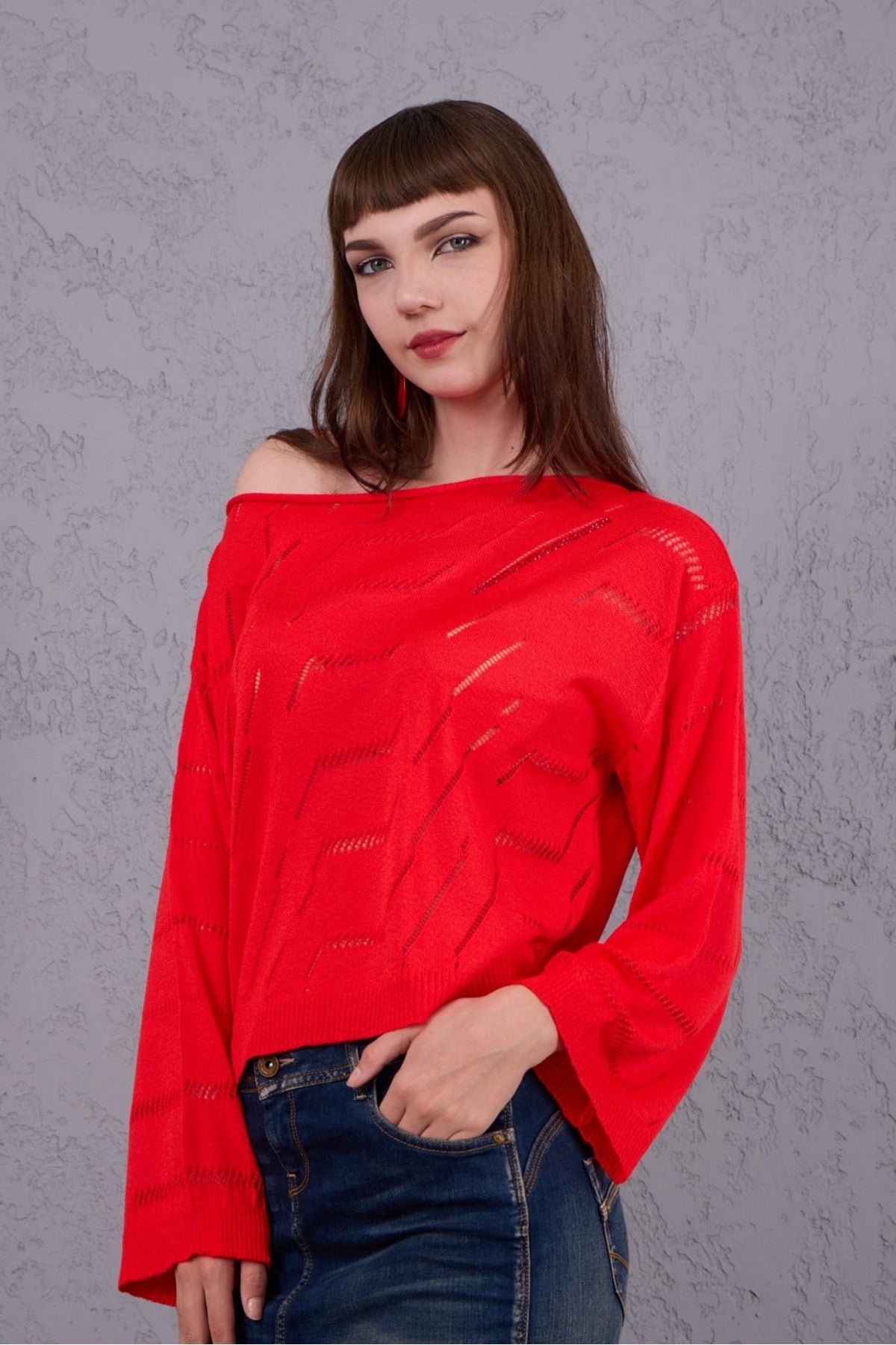 Kadın Triko Kazak Giyim Taşlı Kayık Yaka Tasarım Şık Yeni Yıl 3535