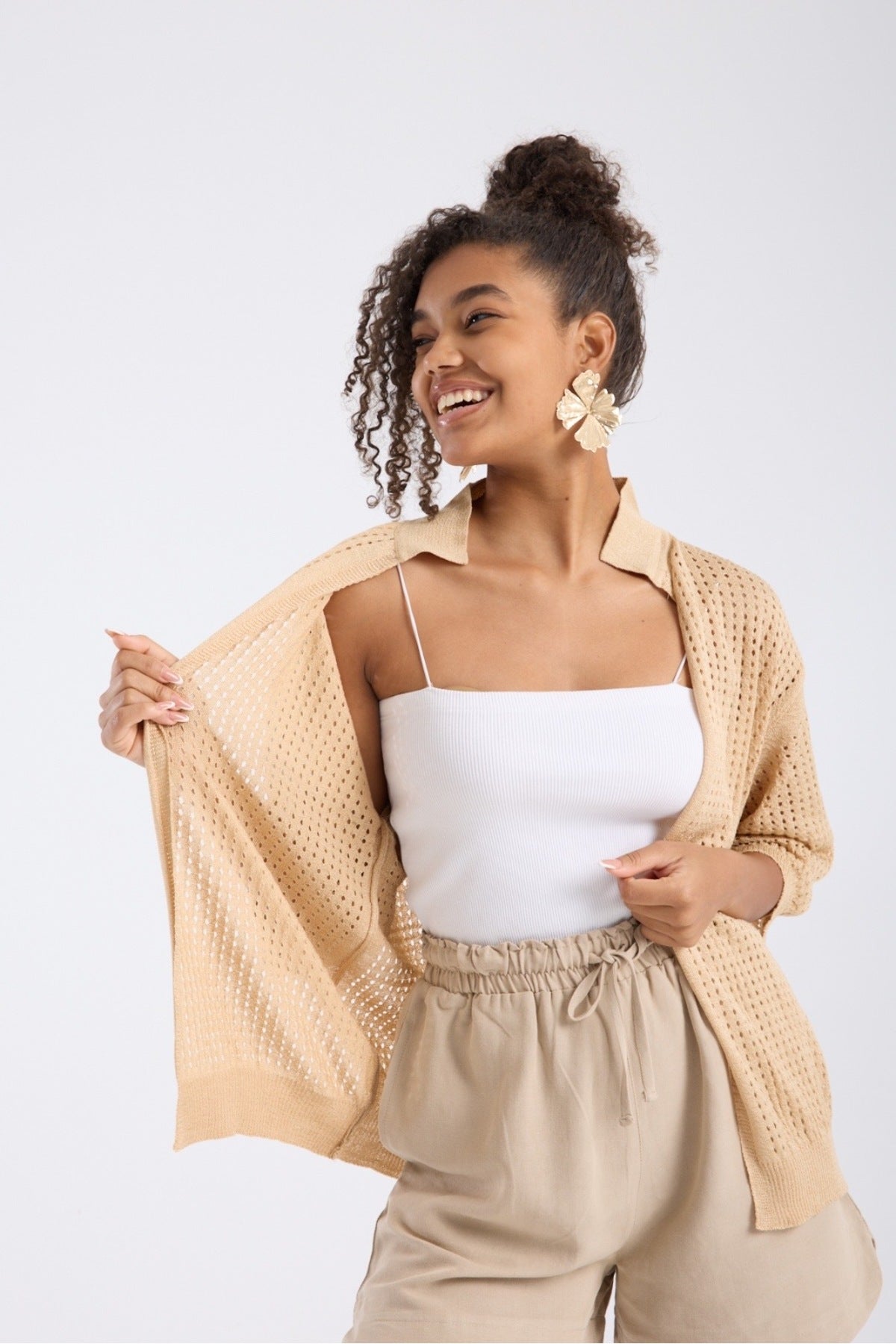 kadın hırka yazlık ince delikli önü açık kapri kol rahat kalıp 3512