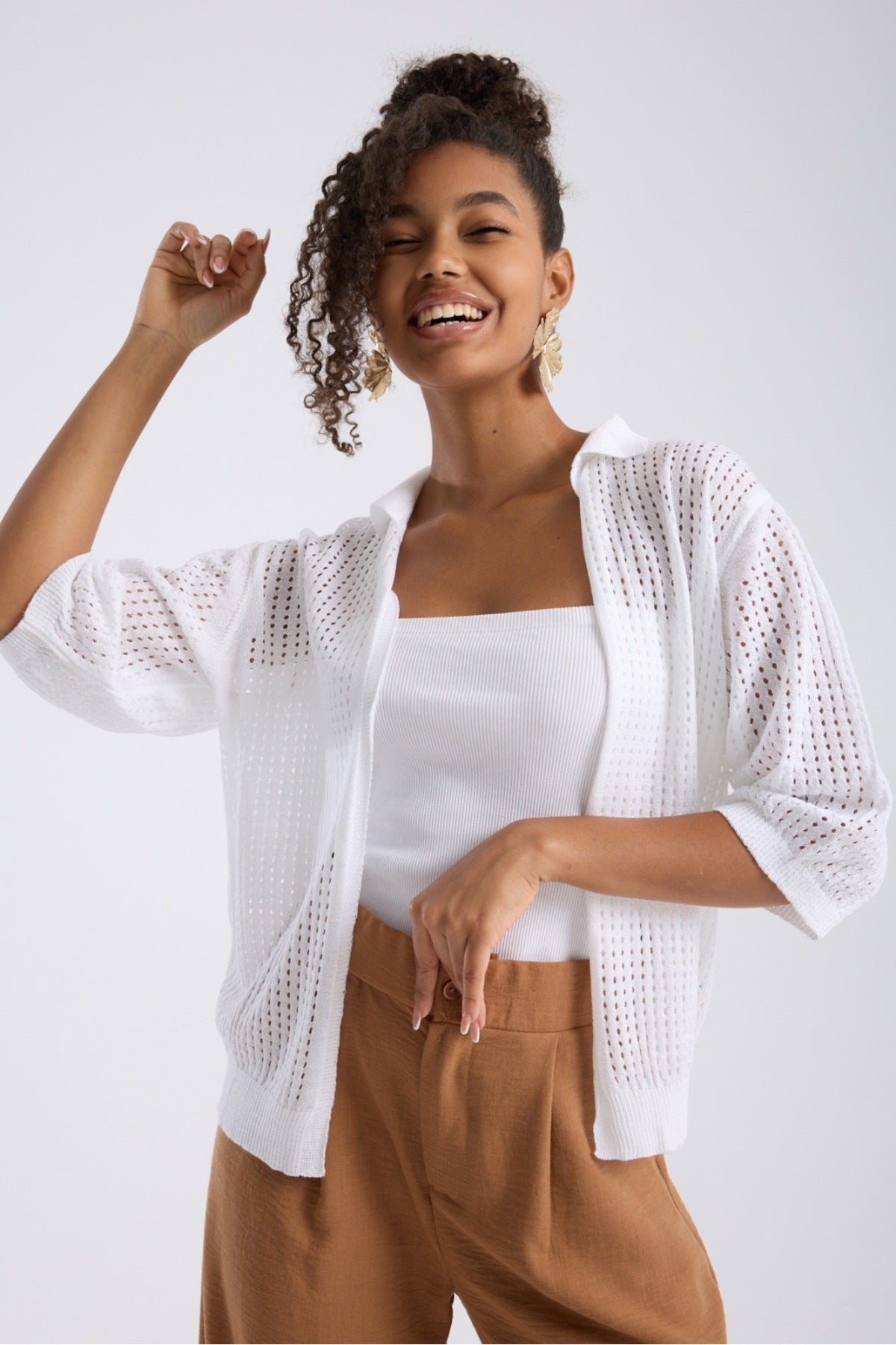 kadın hırka yazlık ince delikli önü açık kapri kol rahat kalıp 3512