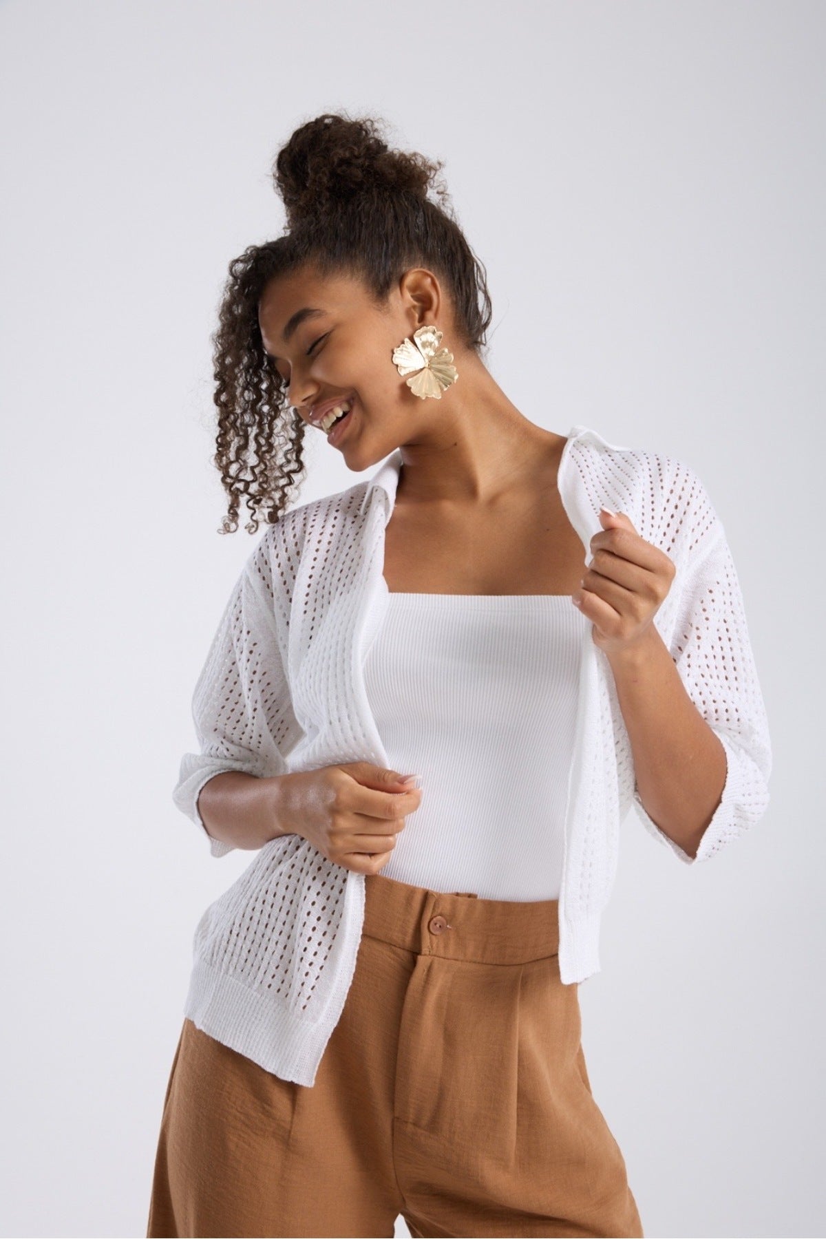 kadın hırka yazlık ince delikli önü açık kapri kol rahat kalıp 3512