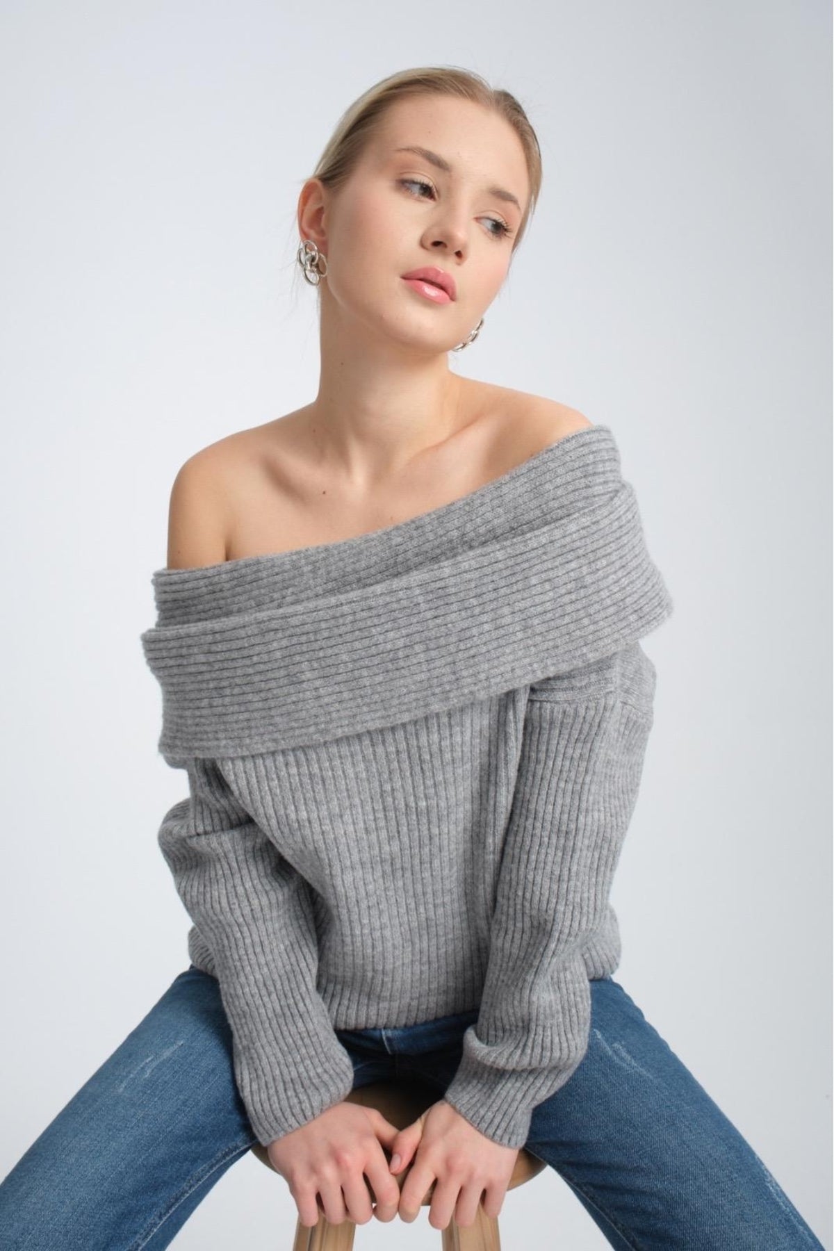 kadın yumoş kalın yumuşak Madonna yaka şık triko uzun kol kazak 3465