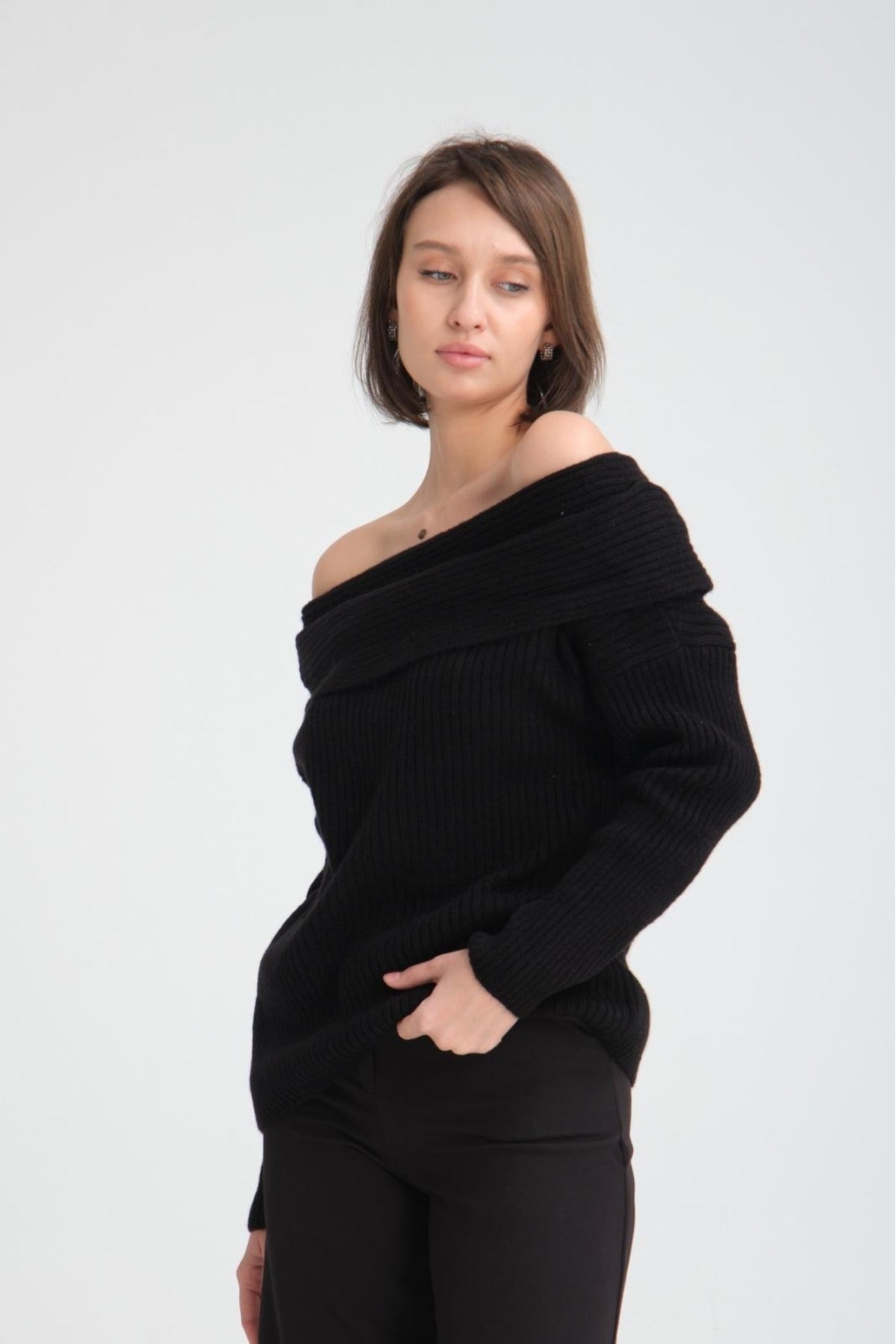 kadın yumoş kalın yumuşak Madonna yaka şık triko uzun kol kazak 3465