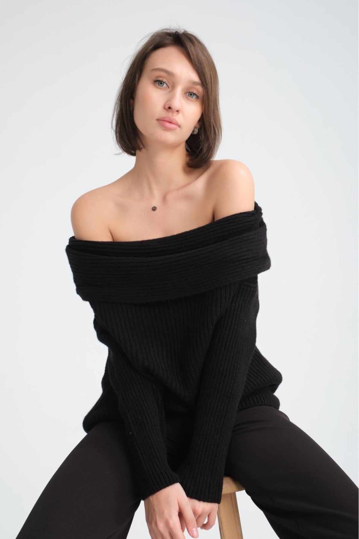 kadın yumoş kalın yumuşak Madonna yaka şık triko uzun kol kazak 3465