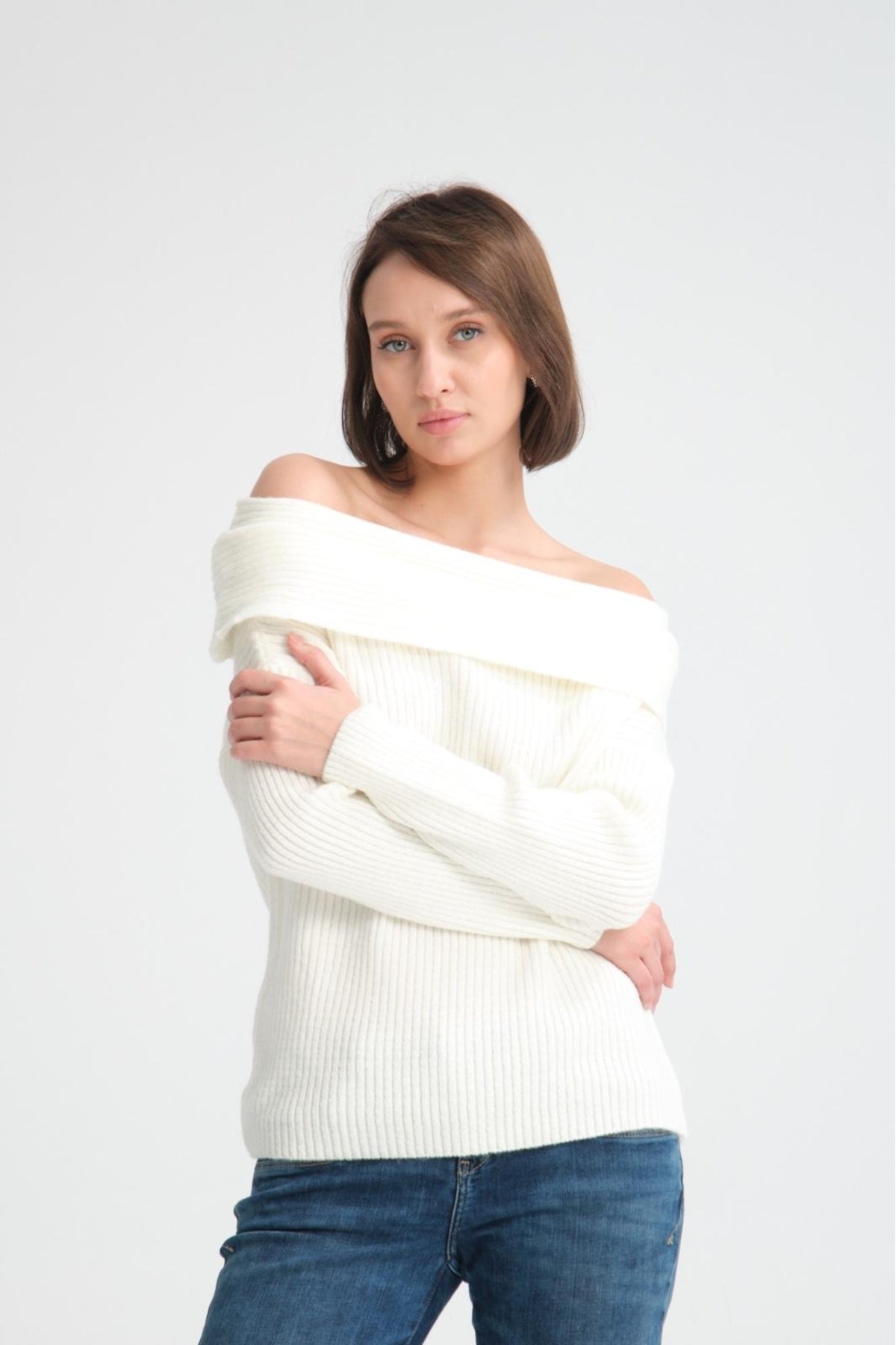 kadın yumoş kalın yumuşak Madonna yaka şık triko uzun kol kazak 3465