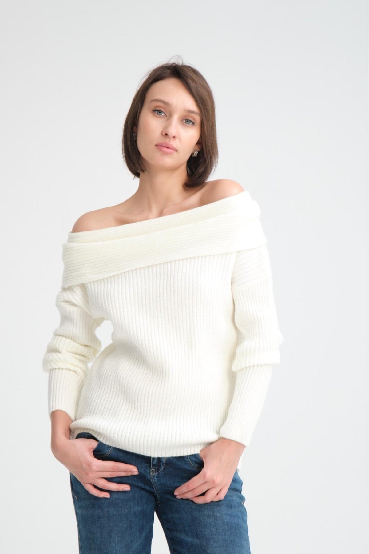 kadın yumoş kalın yumuşak Madonna yaka şık triko uzun kol kazak 3465