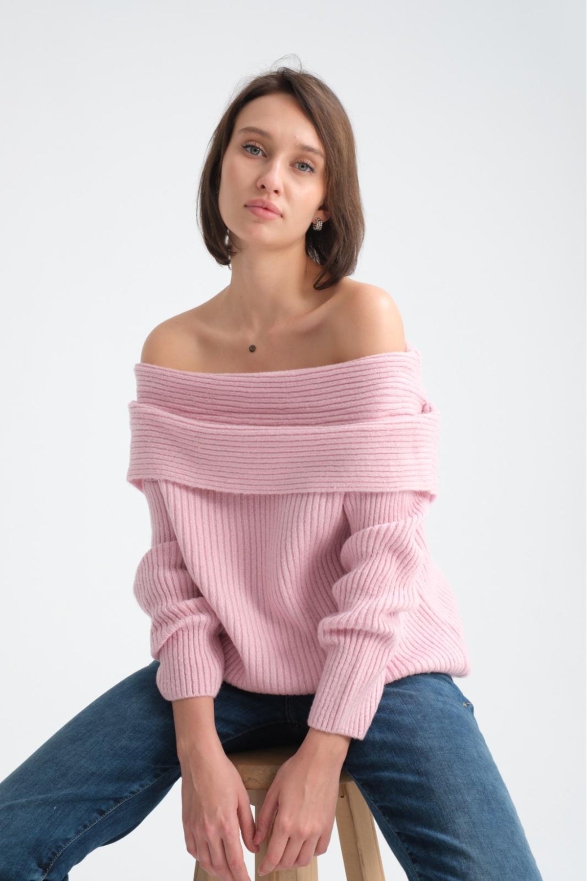 kadın yumoş kalın yumuşak Madonna yaka şık triko uzun kol kazak 3465