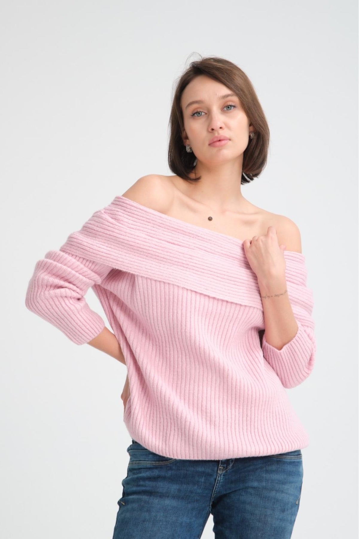 kadın yumoş kalın yumuşak Madonna yaka şık triko uzun kol kazak 3465