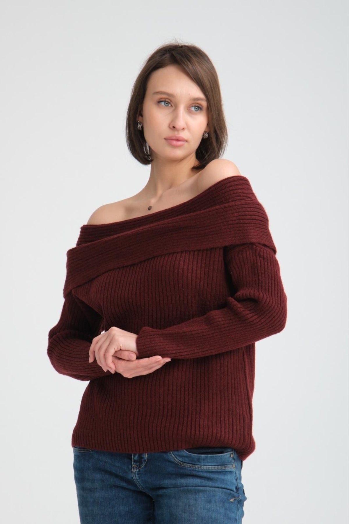 kadın yumoş kalın yumuşak Madonna yaka şık triko uzun kol kazak 3465