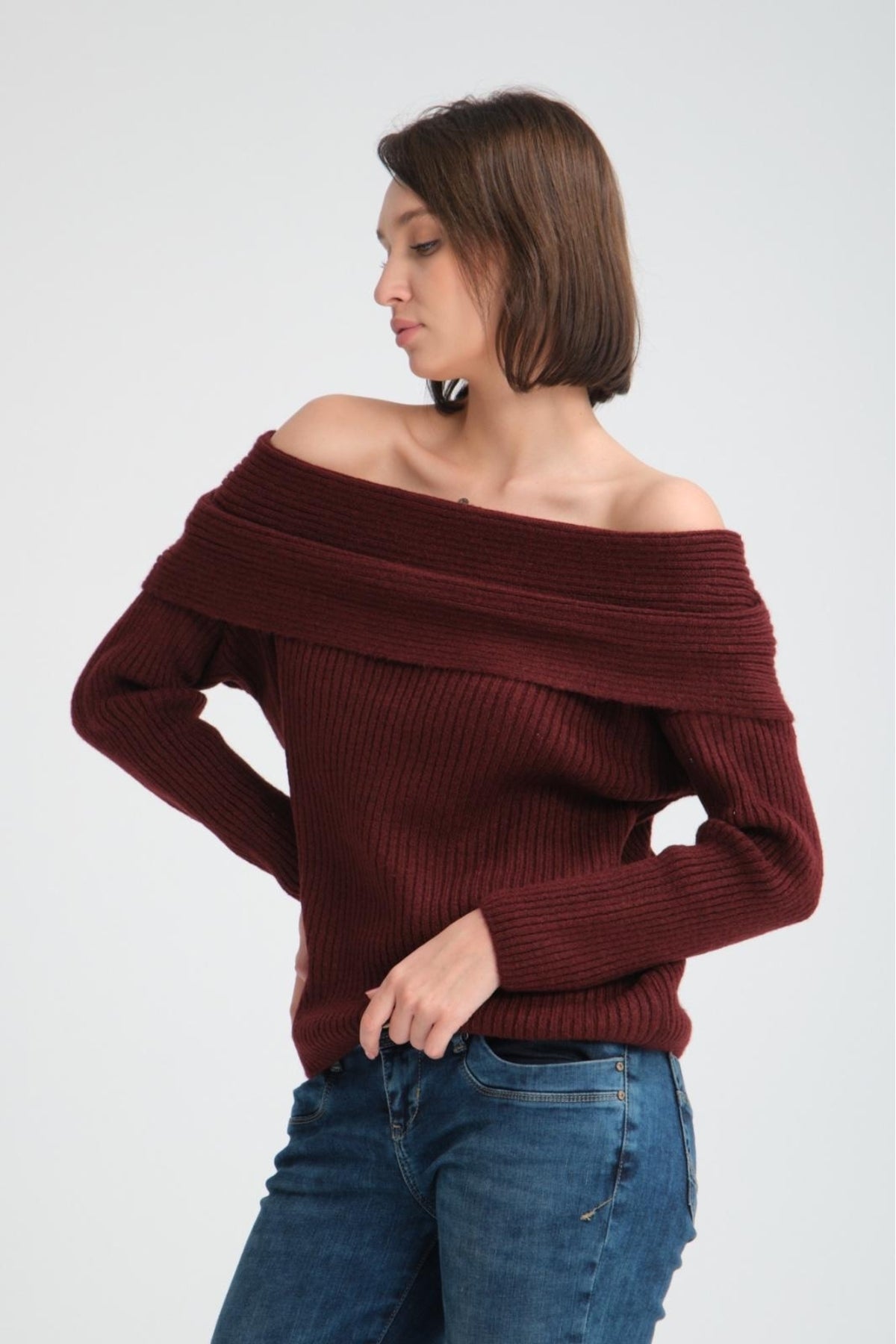 kadın yumoş kalın yumuşak Madonna yaka şık triko uzun kol kazak 3465