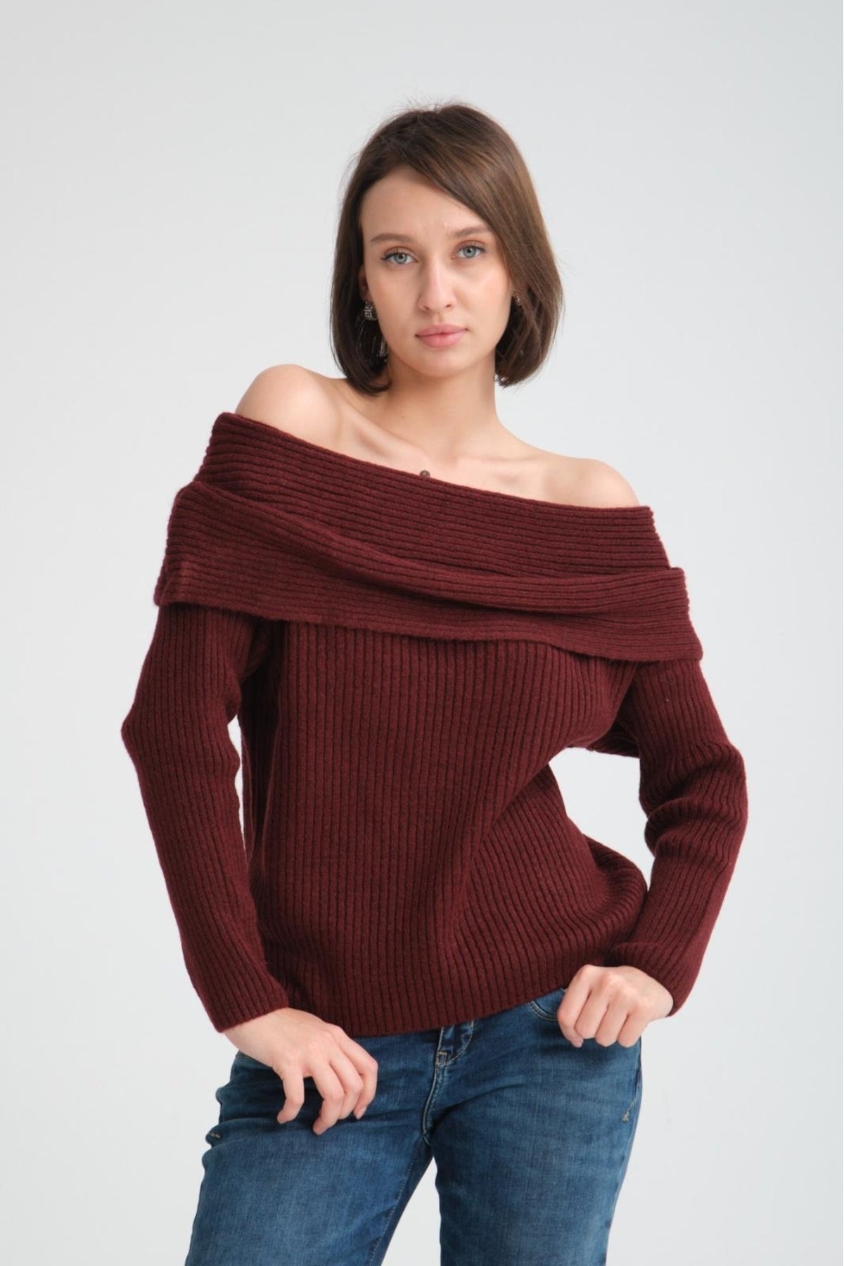 kadın yumoş kalın yumuşak Madonna yaka şık triko uzun kol kazak 3465