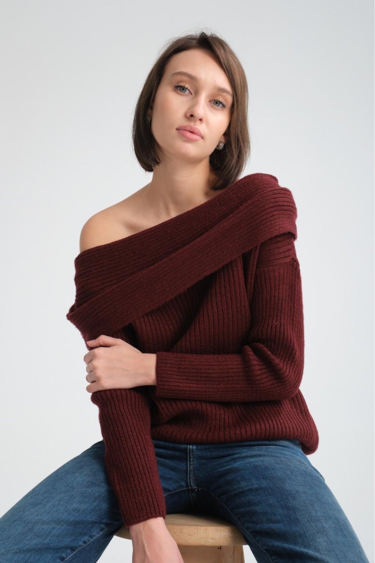 kadın yumoş kalın yumuşak Madonna yaka şık triko uzun kol kazak 3465