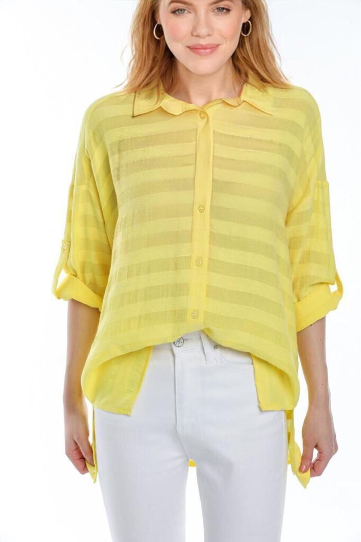 Kadın Giyim Gömlek Keten Görünümlü Bej Rengi Hafif Serin Tutan Yazlık Şıklık Rahat Kalıp 5180