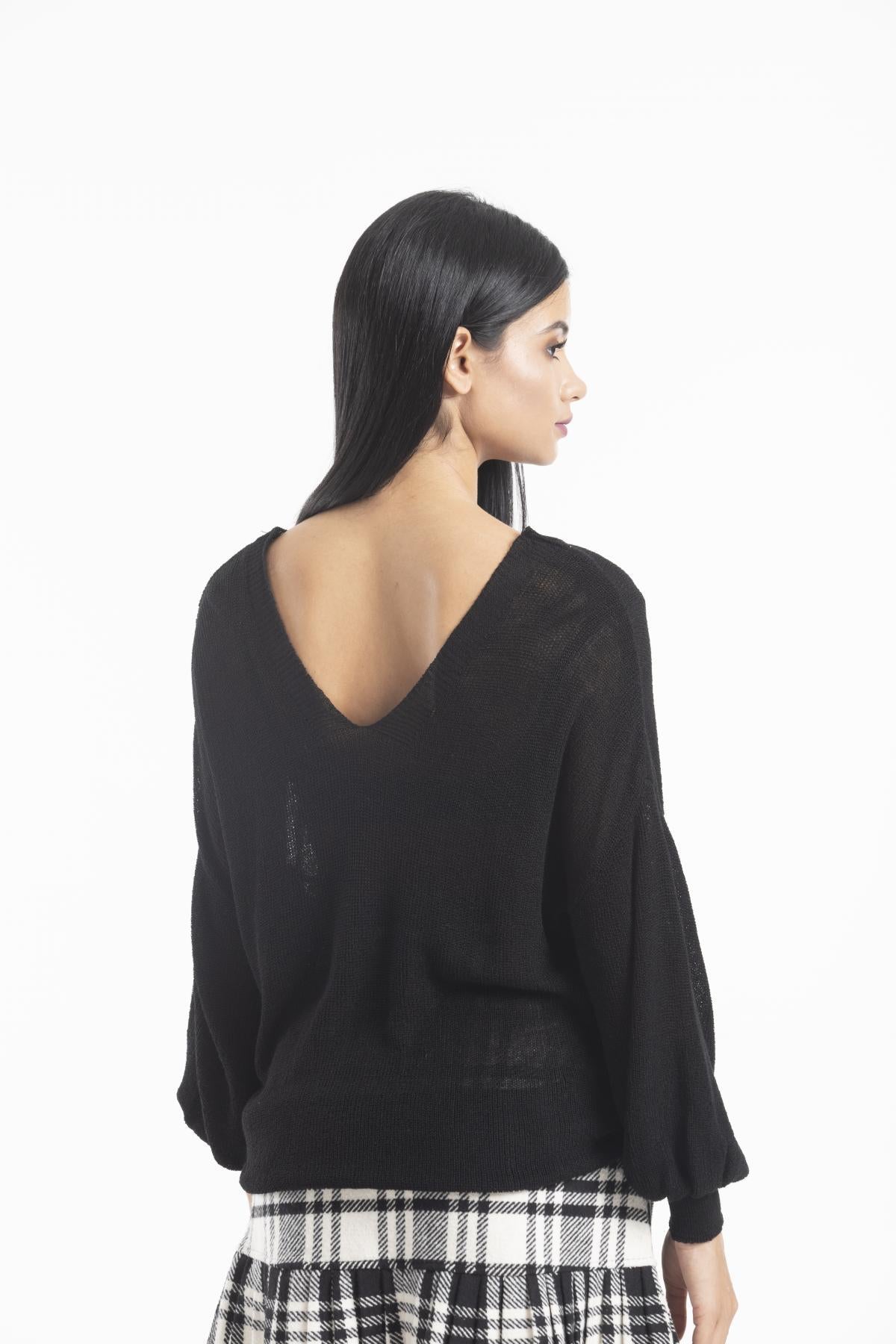 Kadın Giyim Bluz Merserize Kazak Ön Arka V Yaka Balon Kol Ince Merserize Triko Örme Salaş Kazak 3276