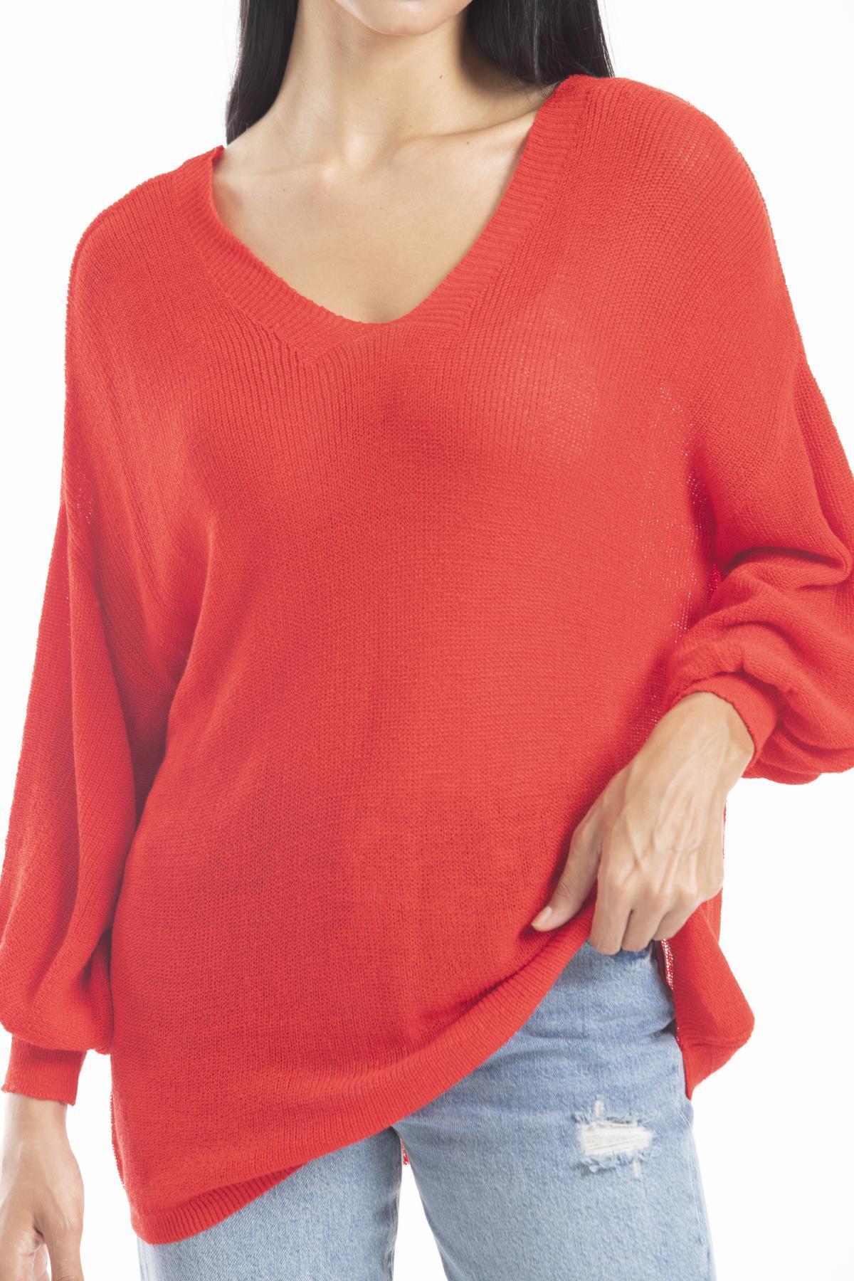 Kadın Giyim Bluz Merserize Kazak Ön Arka V Yaka Balon Kol Ince Merserize Triko Örme Salaş Kazak 3276