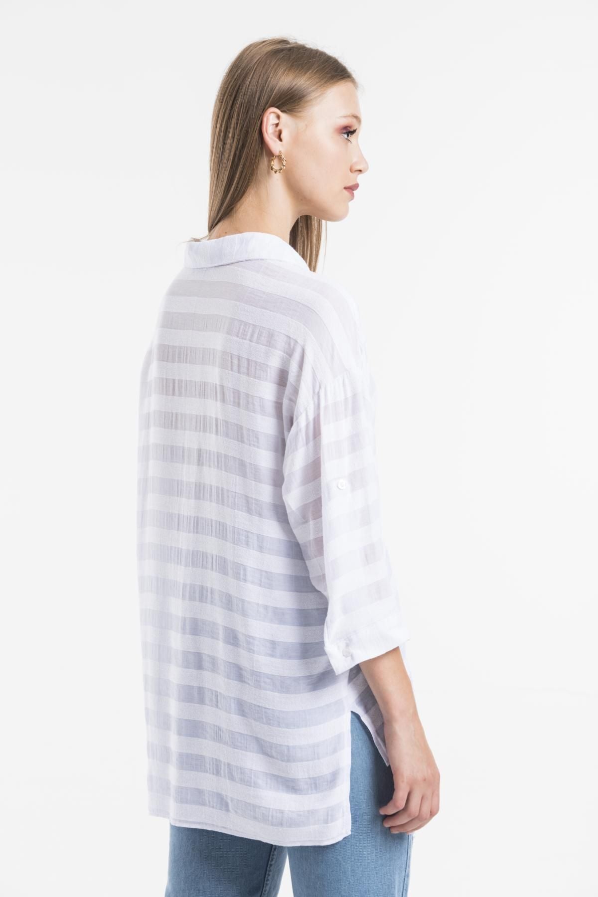 Kadın Giyim Gömlek Keten Görünümlü Bej Rengi Hafif Serin Tutan Yazlık Şıklık Rahat Kalıp 5180