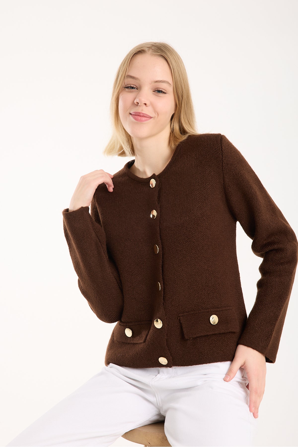 Yumoş ip düğmeli cepli kadın hırka 6517