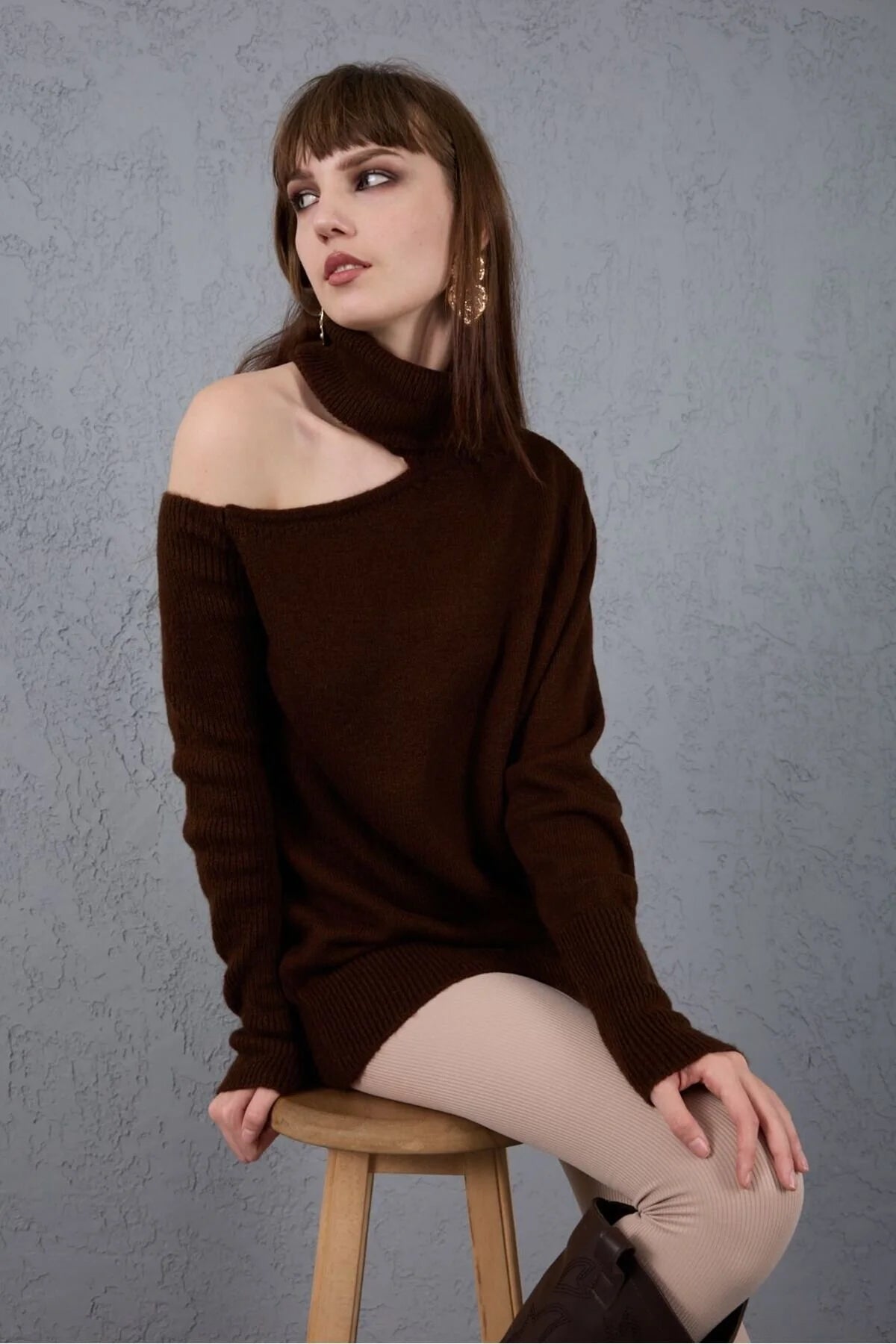 Kadın Triko Kazak Yumoş Omzu Açık Trend Yeni Yıl Kayak Rahat Kesim 6512