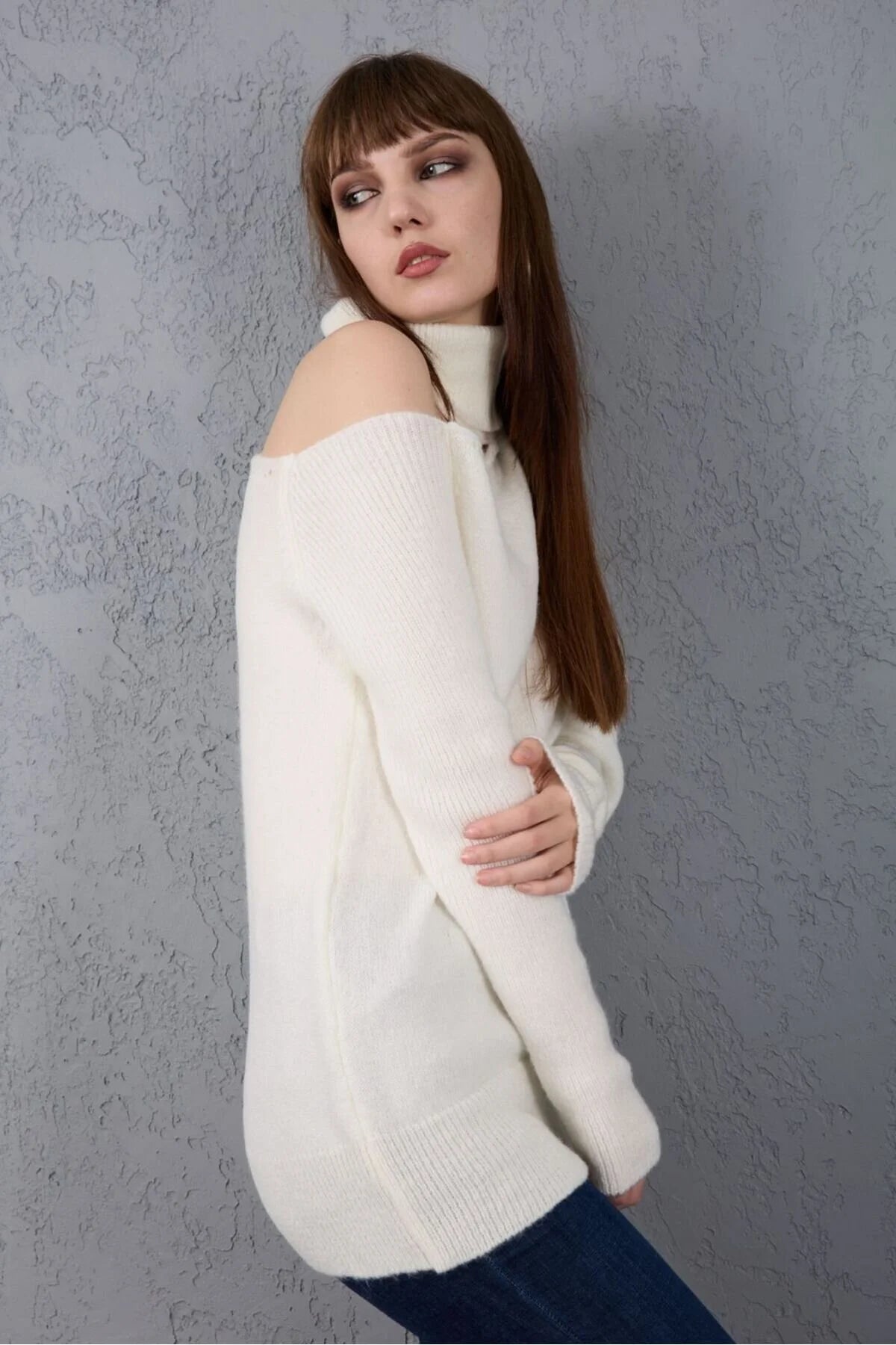 Kadın Triko Kazak Yumoş Omzu Açık Trend Yeni Yıl Kayak Rahat Kesim 6512