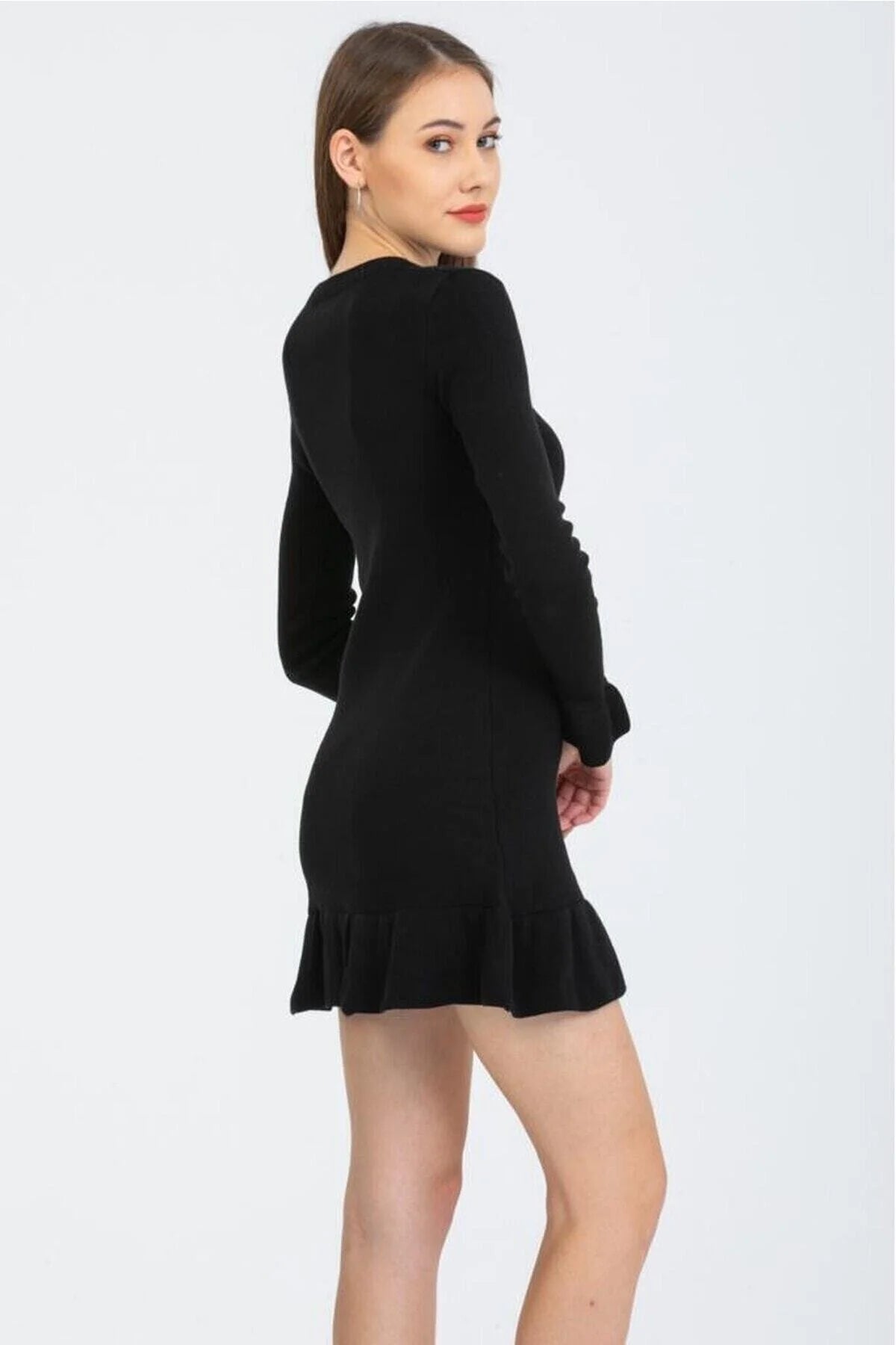 Kadın Triko Elbise Fırfır Detaylı Mini Boy Esnek Triko ipi 8588