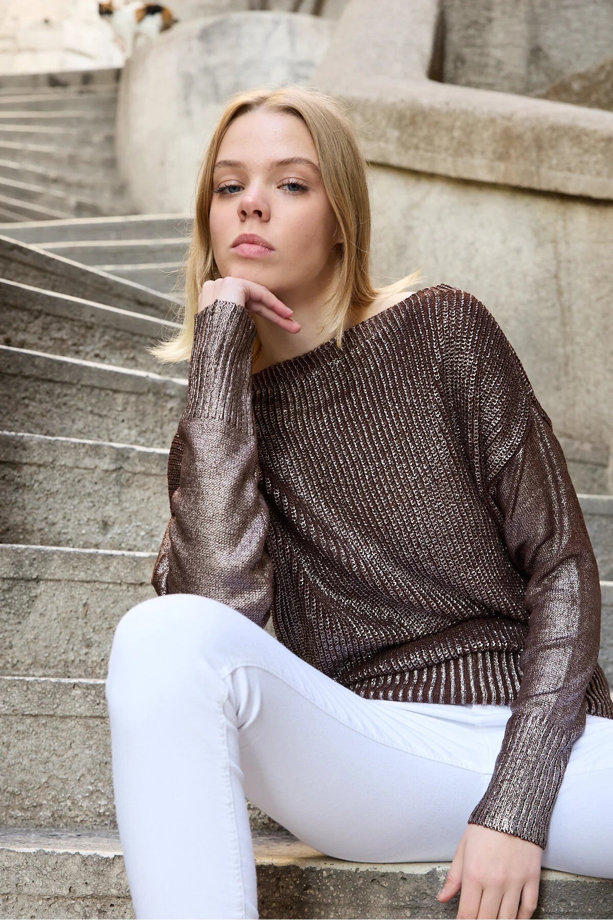 Kadın kazak parlak varak baskı ışıltılı triko Uzunkol şık kazak 3523