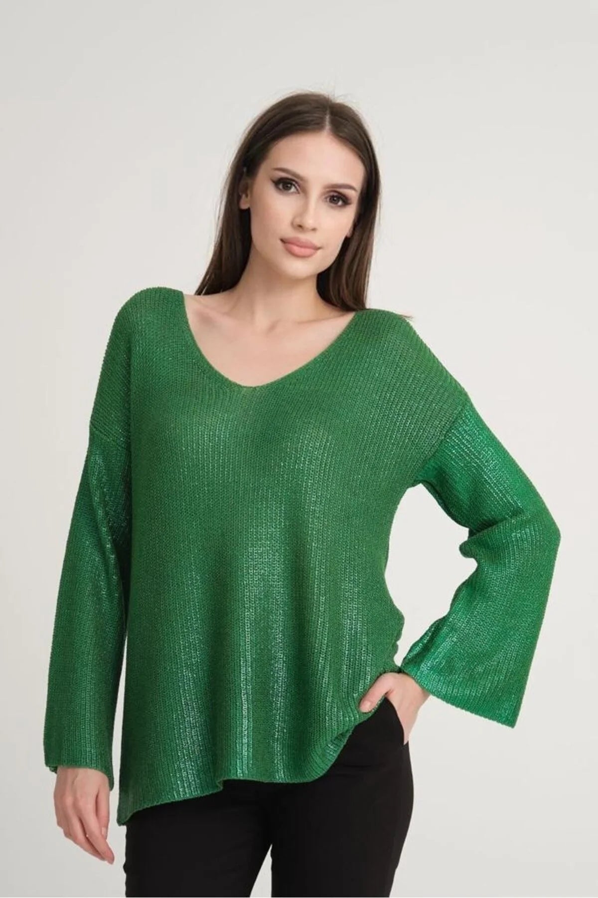 Kadın Triko Kazak Varak Kaplama Yeni Yıl Işıltılı V Yaka Parlak Uzun Kazak 3387