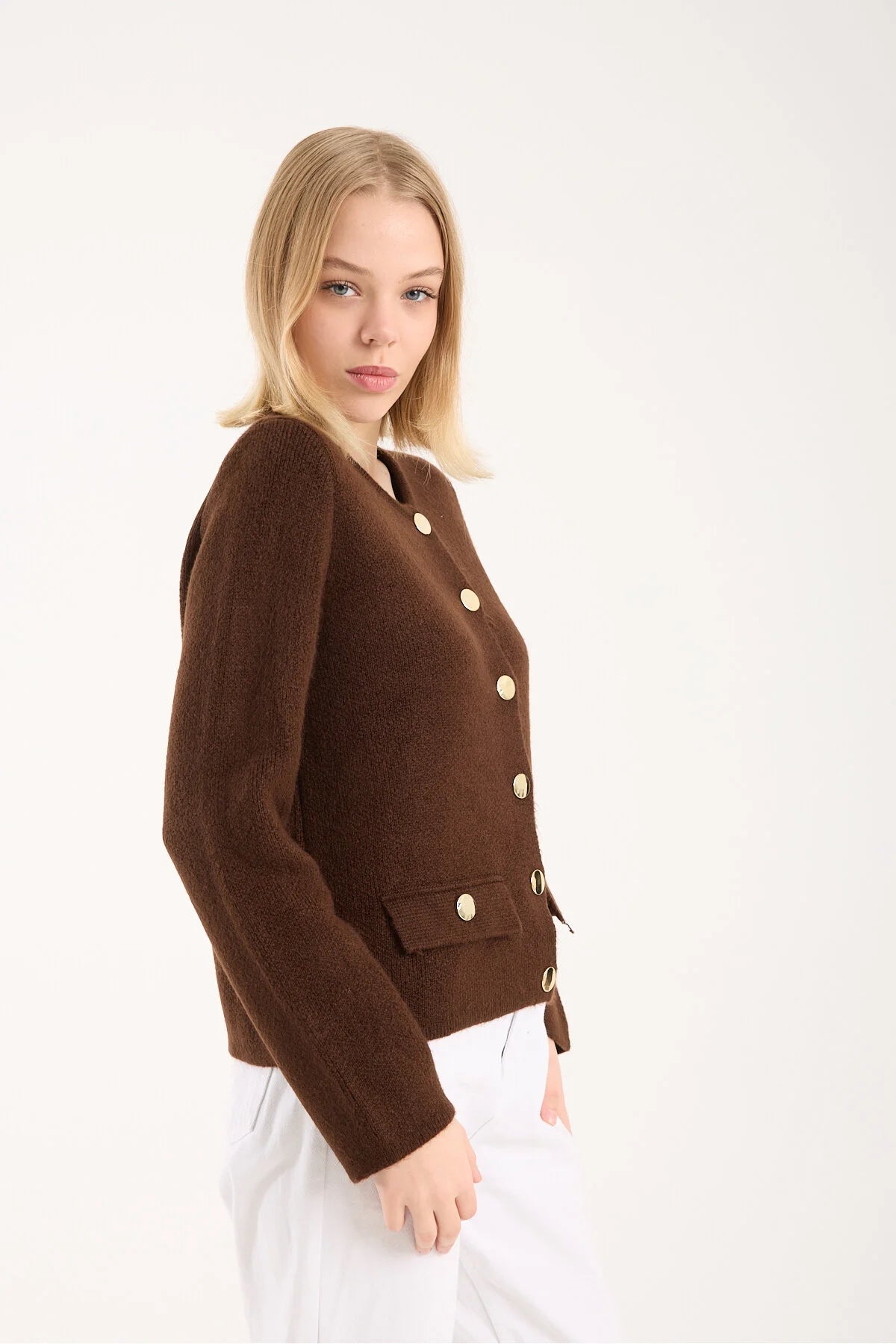 Yumoş ip düğmeli cepli kadın hırka 6517