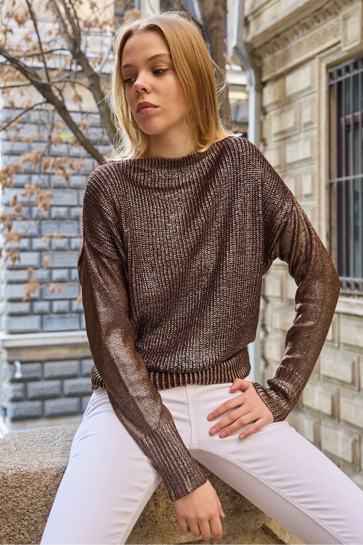 Kadın kazak parlak varak baskı ışıltılı triko Uzunkol şık kazak 3523