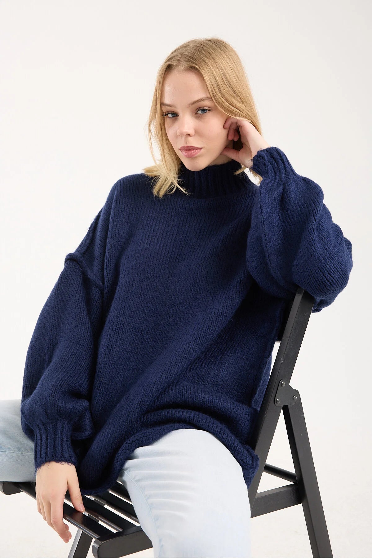 Yumoş ip ters dikiş oversize kadın kazak dik yaka 6513