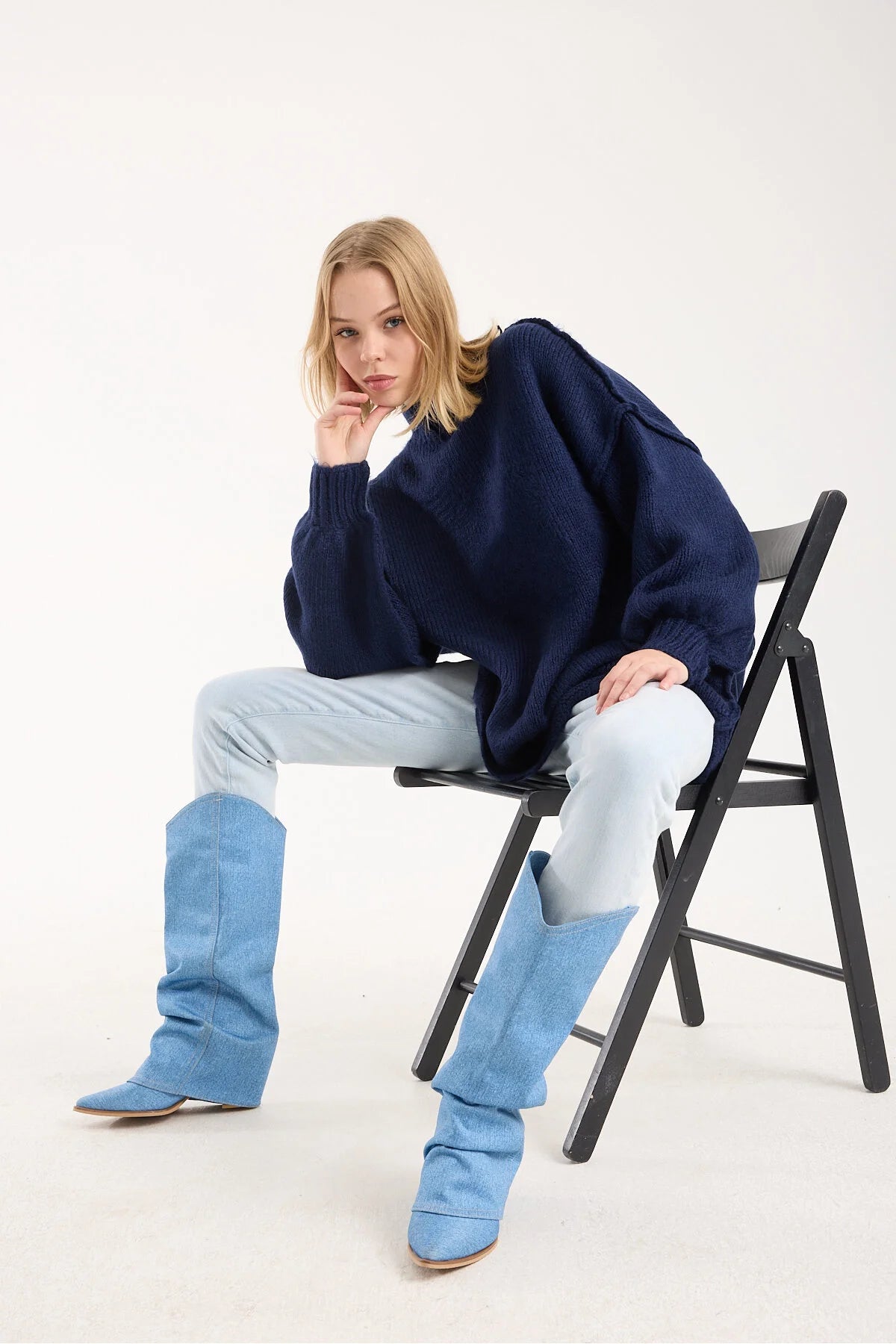 Yumoş ip ters dikiş oversize kadın kazak dik yaka 6513