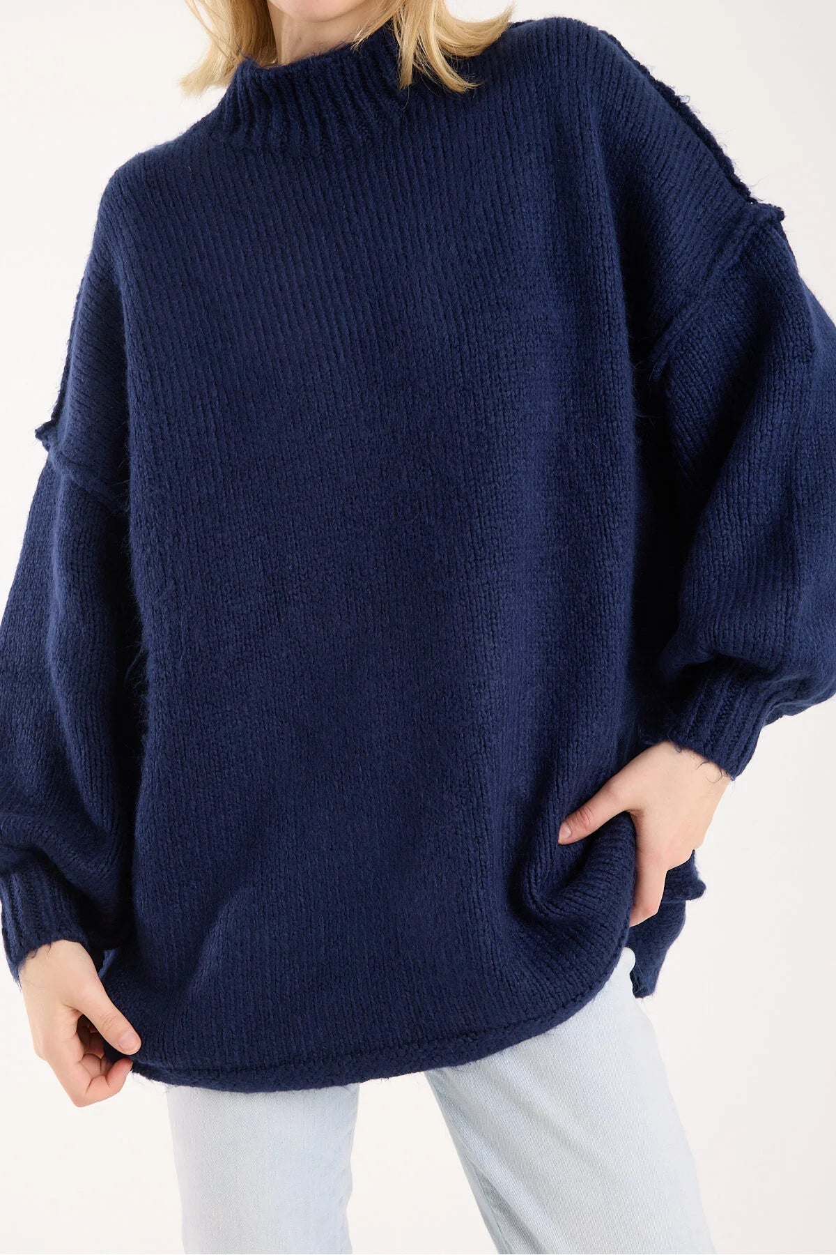 Yumoş ip ters dikiş oversize kadın kazak dik yaka 6513