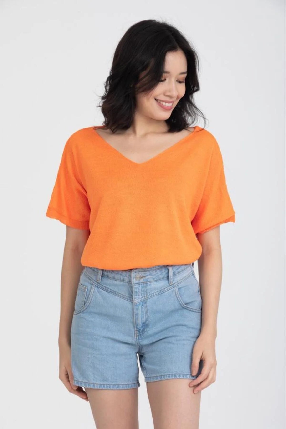 Kadın Triko Kazak Merserize V Yaka Basic Yumuşak Dokulu Rahat Kesim Ofis Stili 3347