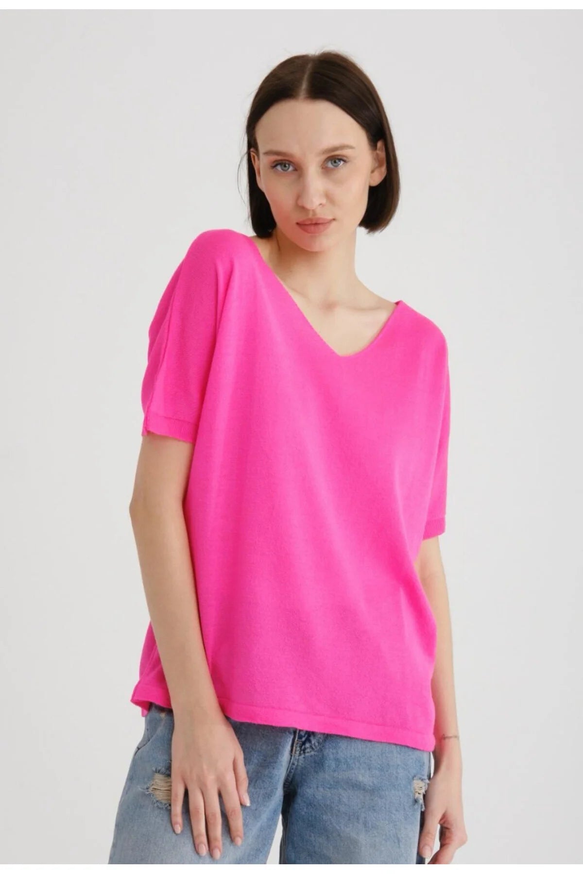 Kadın Triko Kazak Merserize V Yaka Basic Yumuşak Dokulu Rahat Kesim Ofis Stili 3347