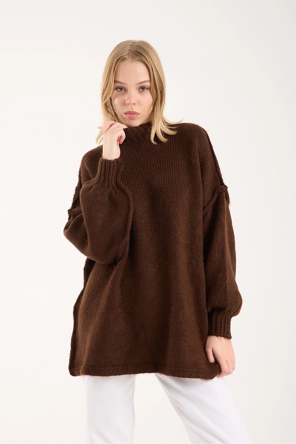 Yumoş ip ters dikiş oversize kadın kazak dik yaka 6513