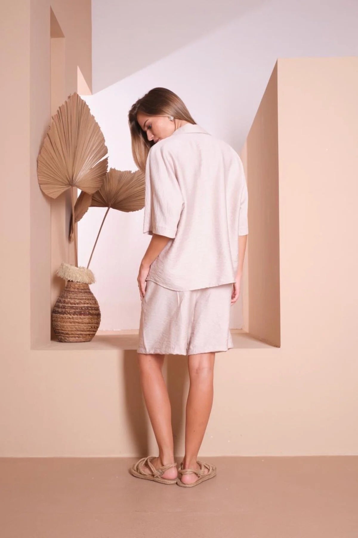 kadın şort gömlek takım keten rahat kalıp 5723