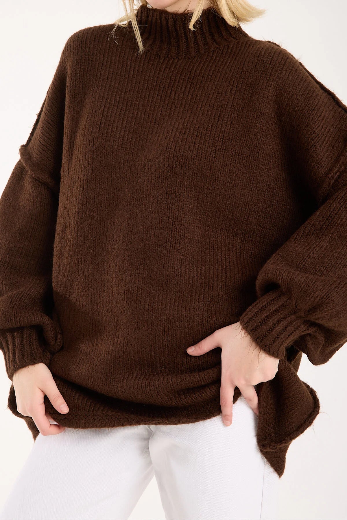 Yumoş ip ters dikiş oversize kadın kazak dik yaka 6513