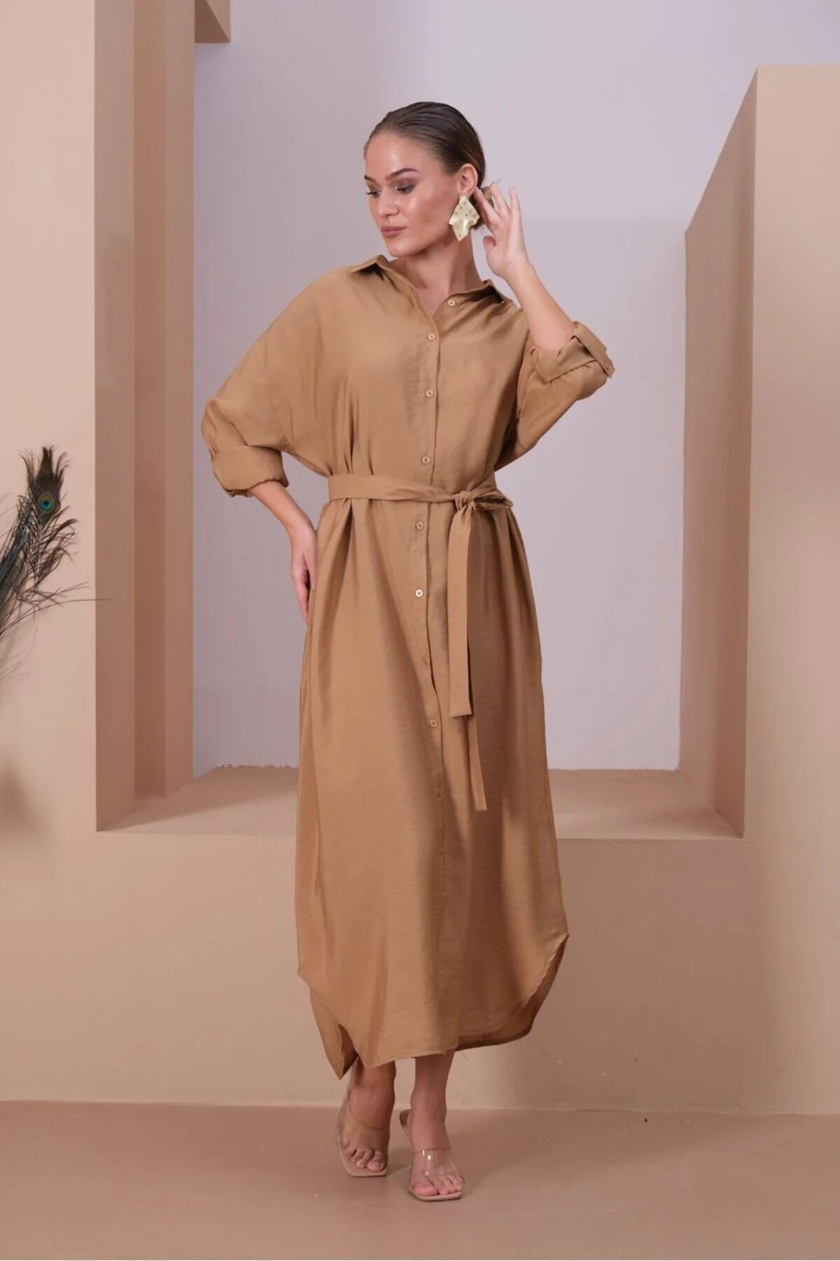 kadın gömlek elbise düğmeli kuşaklı cepli uzun rahat 5727