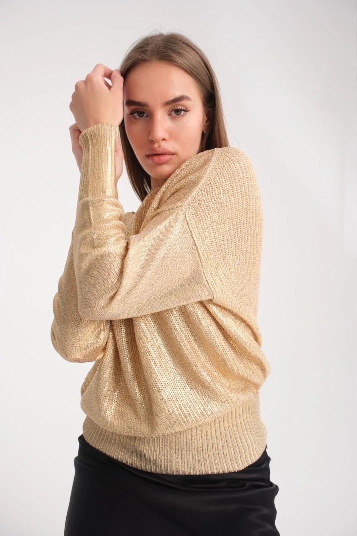 Kadın kazak parlak varak baskı ışıltılı triko Uzunkol şık kazak 3523