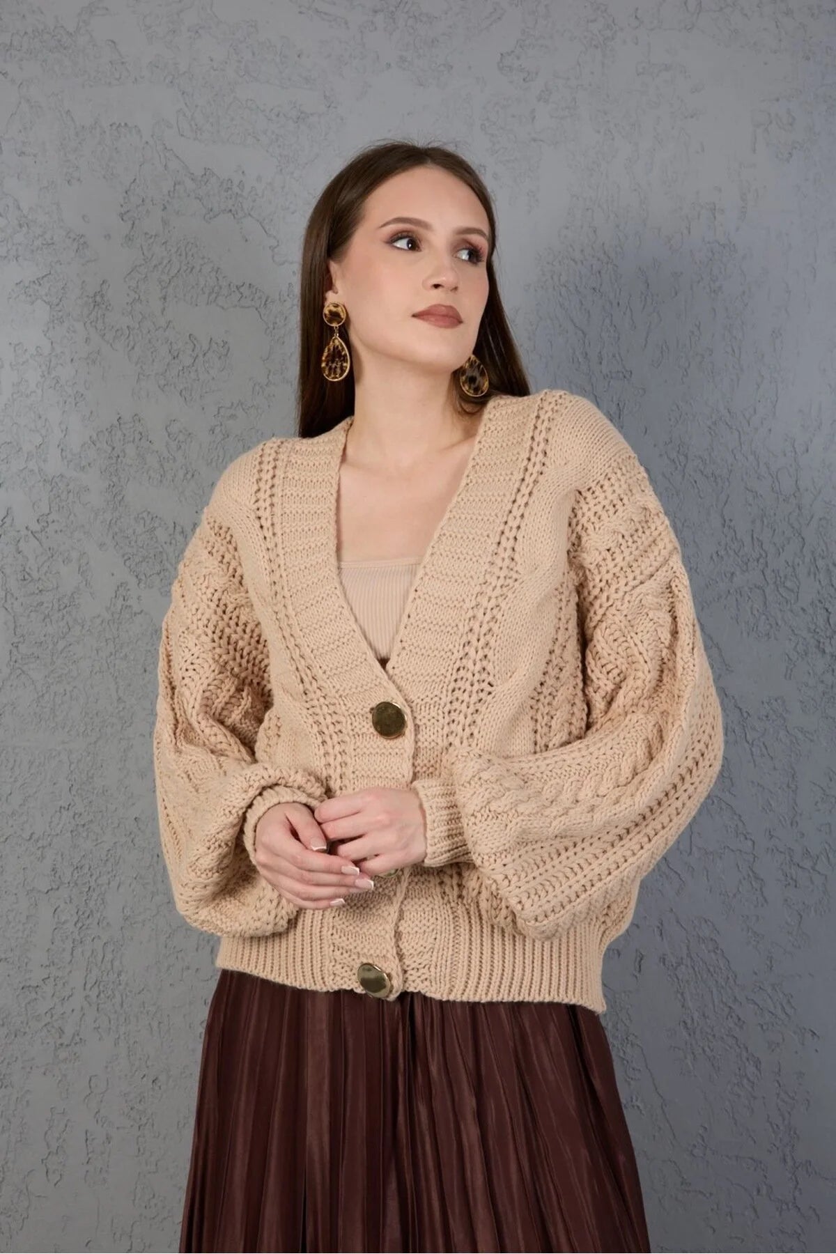 Kadın Triko Hırka Kazak V Yaka Düğmeli Kalın Yumuşak Şık Trend 3536