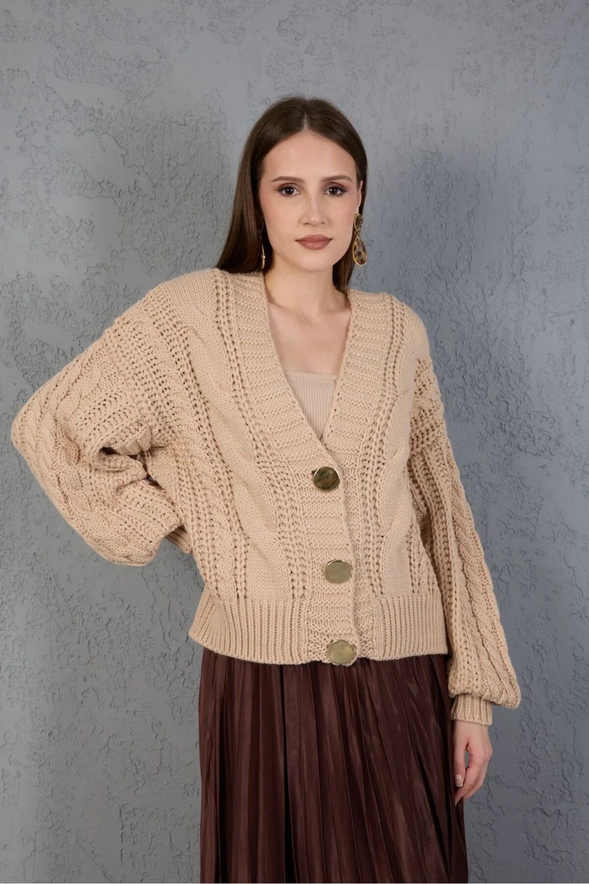 Kadın Triko Hırka Kazak V Yaka Düğmeli Kalın Yumuşak Şık Trend 3536