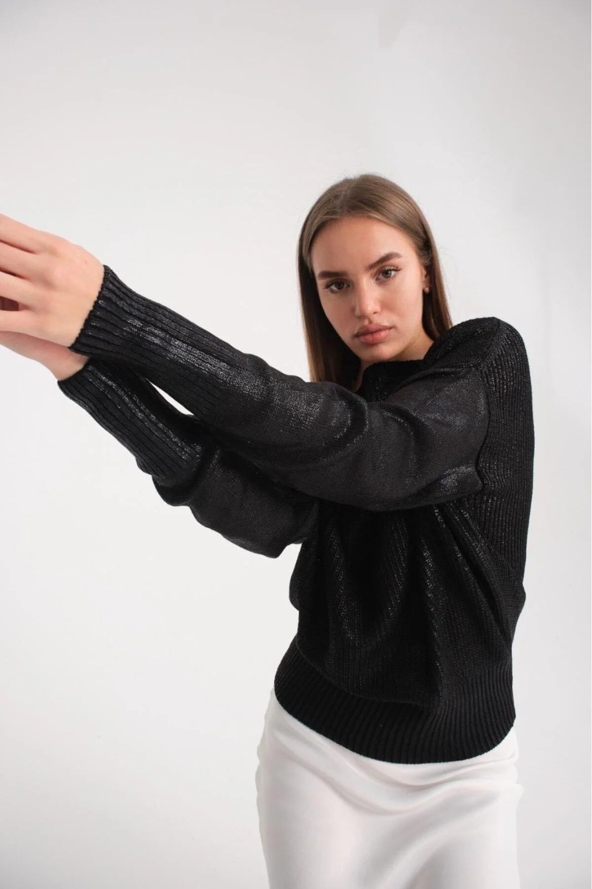 Kadın kazak parlak varak baskı ışıltılı triko Uzunkol şık kazak 3523