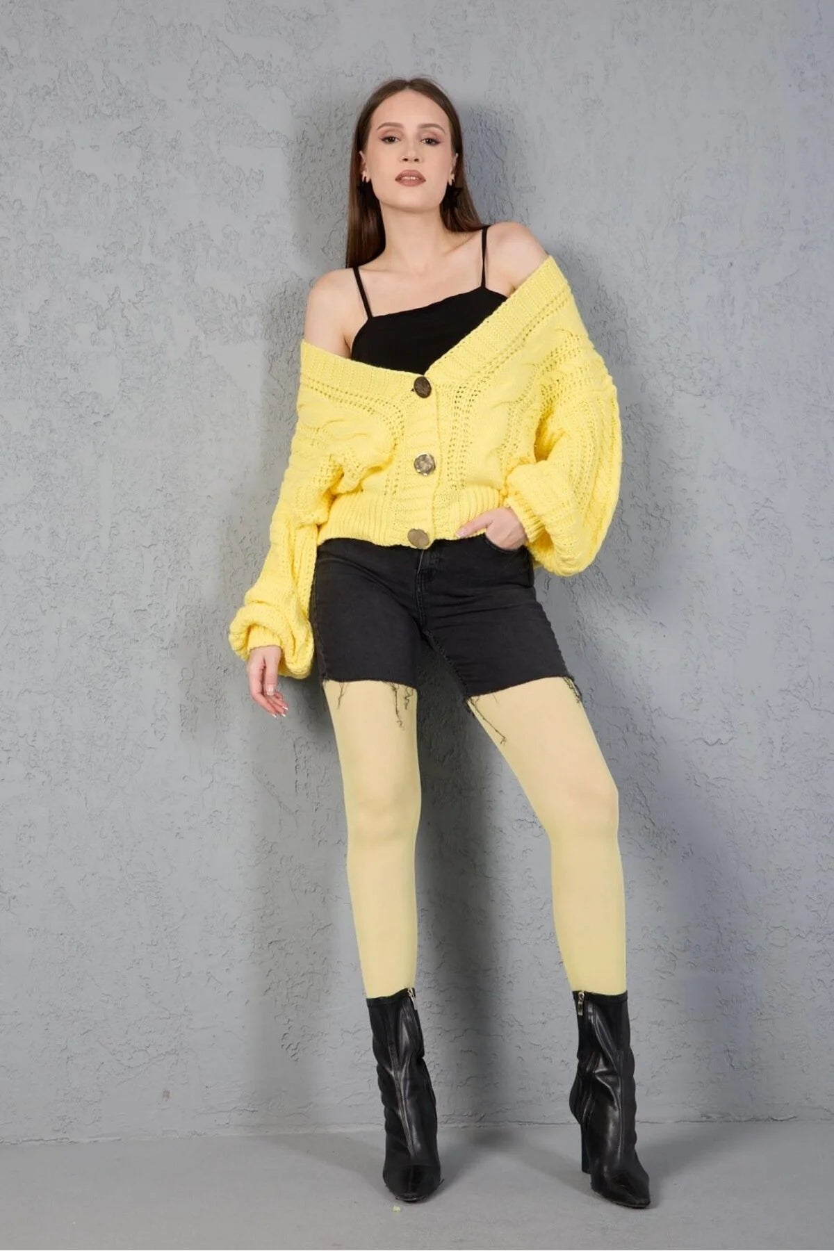 Kadın Triko Hırka Kazak V Yaka Düğmeli Kalın Yumuşak Şık Trend 3536