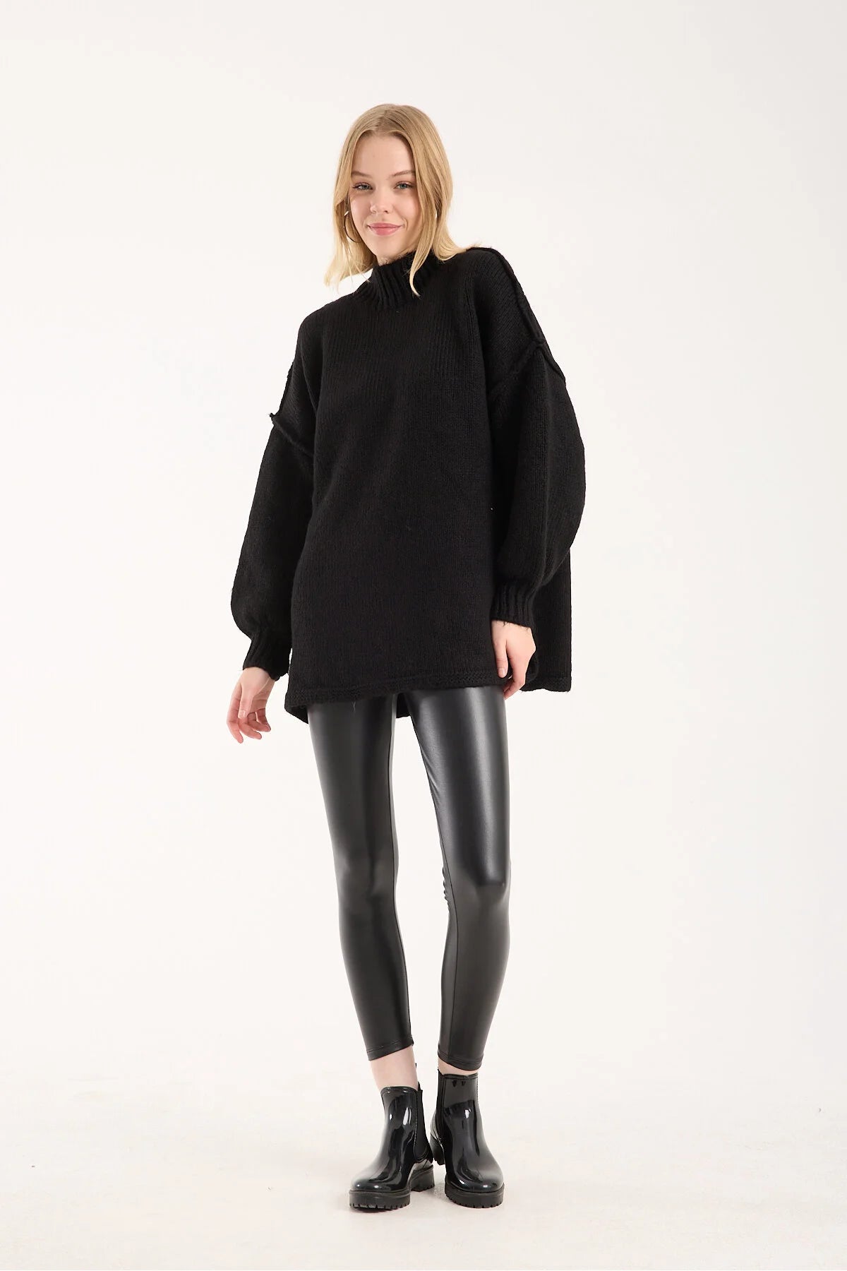 Yumoş ip ters dikiş oversize kadın kazak dik yaka 6513