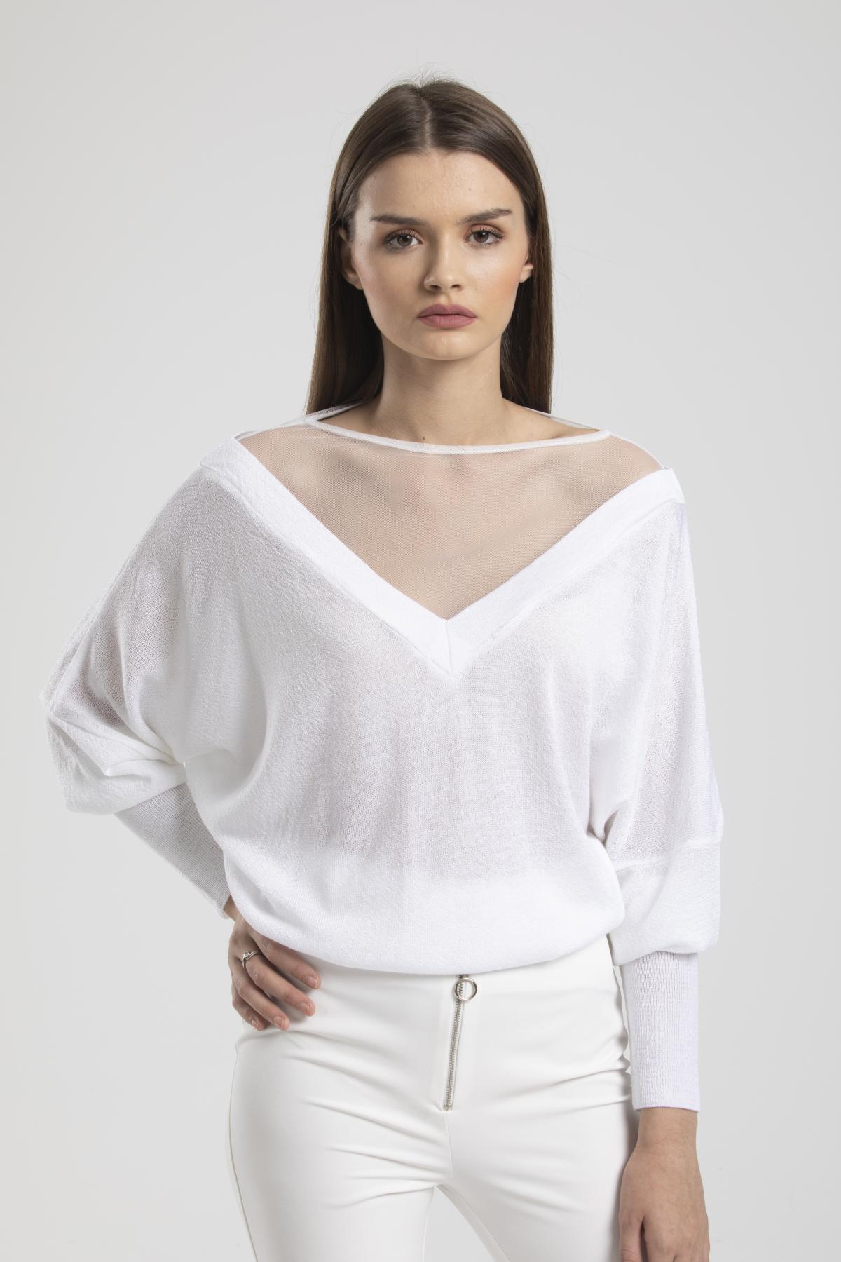 Yakası Tül Detaylı Ön Arka V Yaka Merserize Triko Kadın Kazak 8507