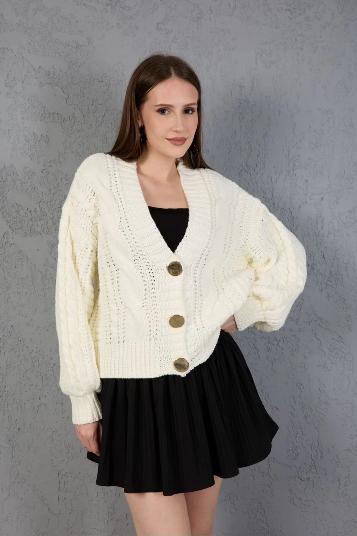 Kadın Triko Hırka Kazak V Yaka Düğmeli Kalın Yumuşak Şık Trend 3536