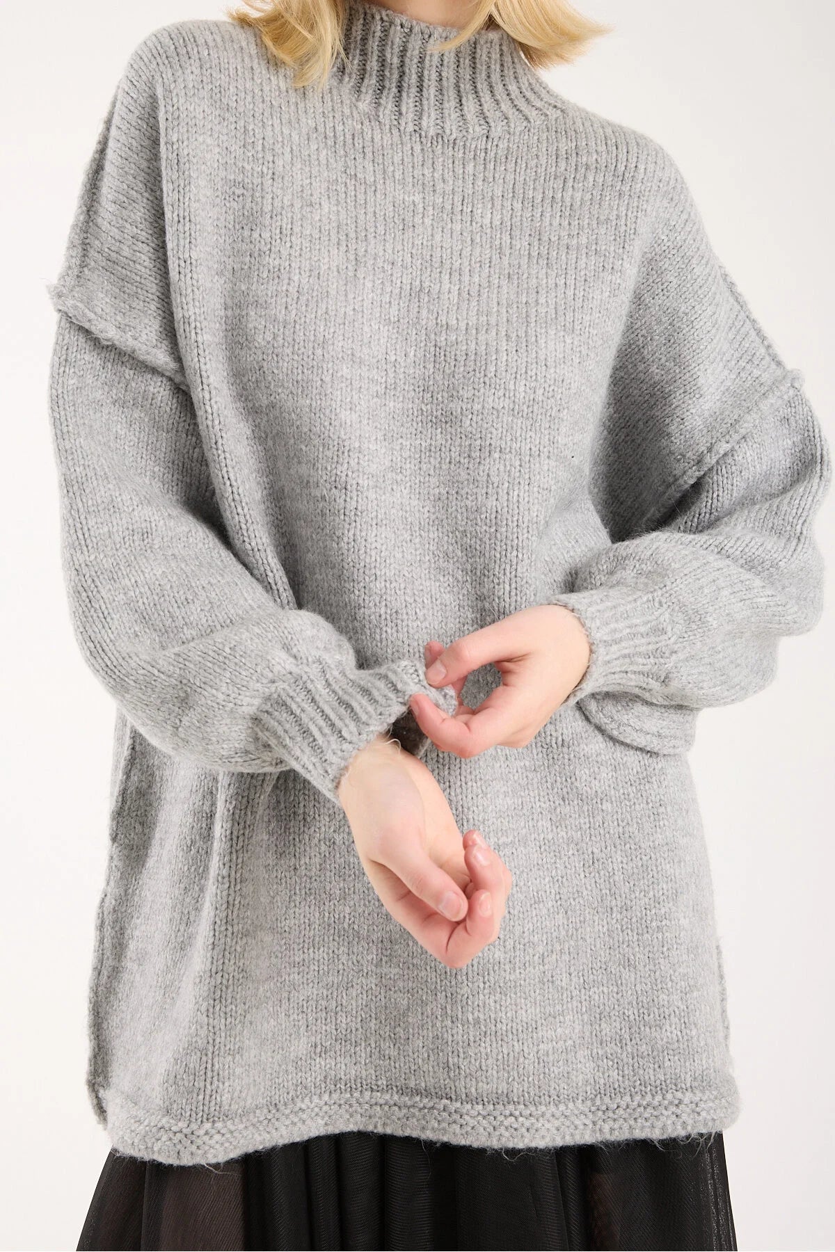 Yumoş ip ters dikiş oversize kadın kazak dik yaka 6513