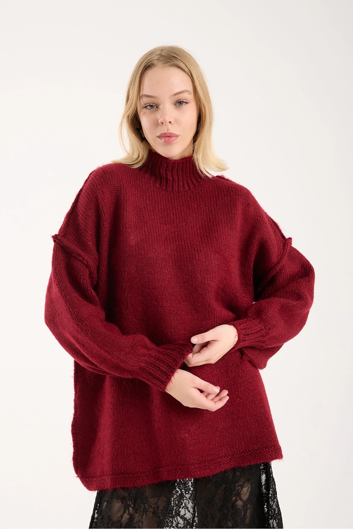 Yumoş ip ters dikiş oversize kadın kazak dik yaka 6513