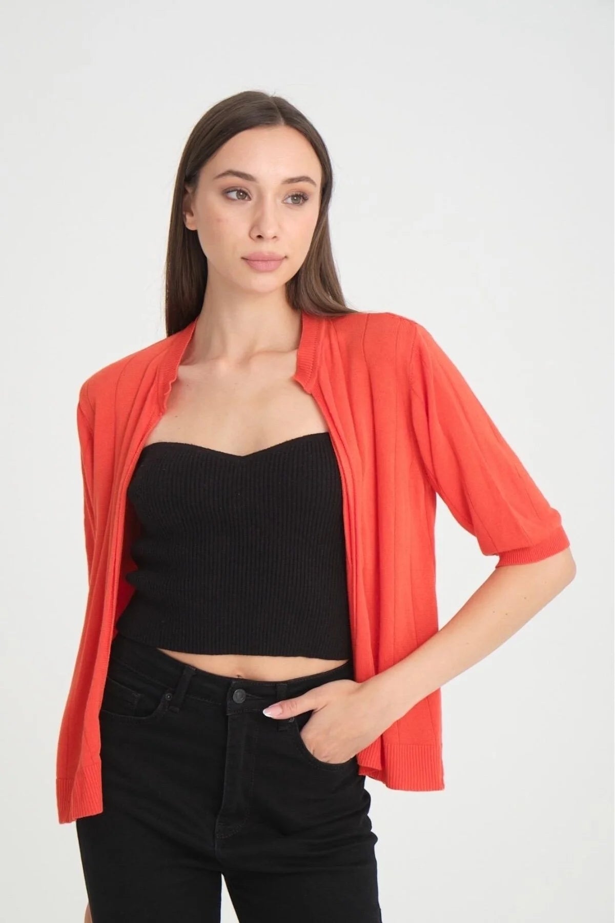 kadın triko hırka kısa kollu basic viskon tasarım trend moda 3426